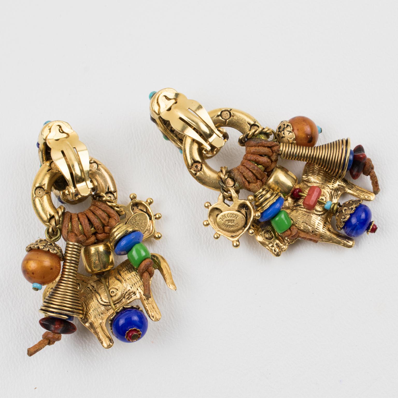 Zoe Coste Clips d'oreilles en métal doré et perles style bohème ethnique Excellent état à Atlanta, GA