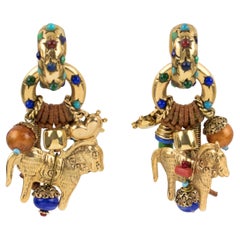 Zoe Coste Boho Ethnic Chic Gilt Metal and Beads Dangle Clip Earrings