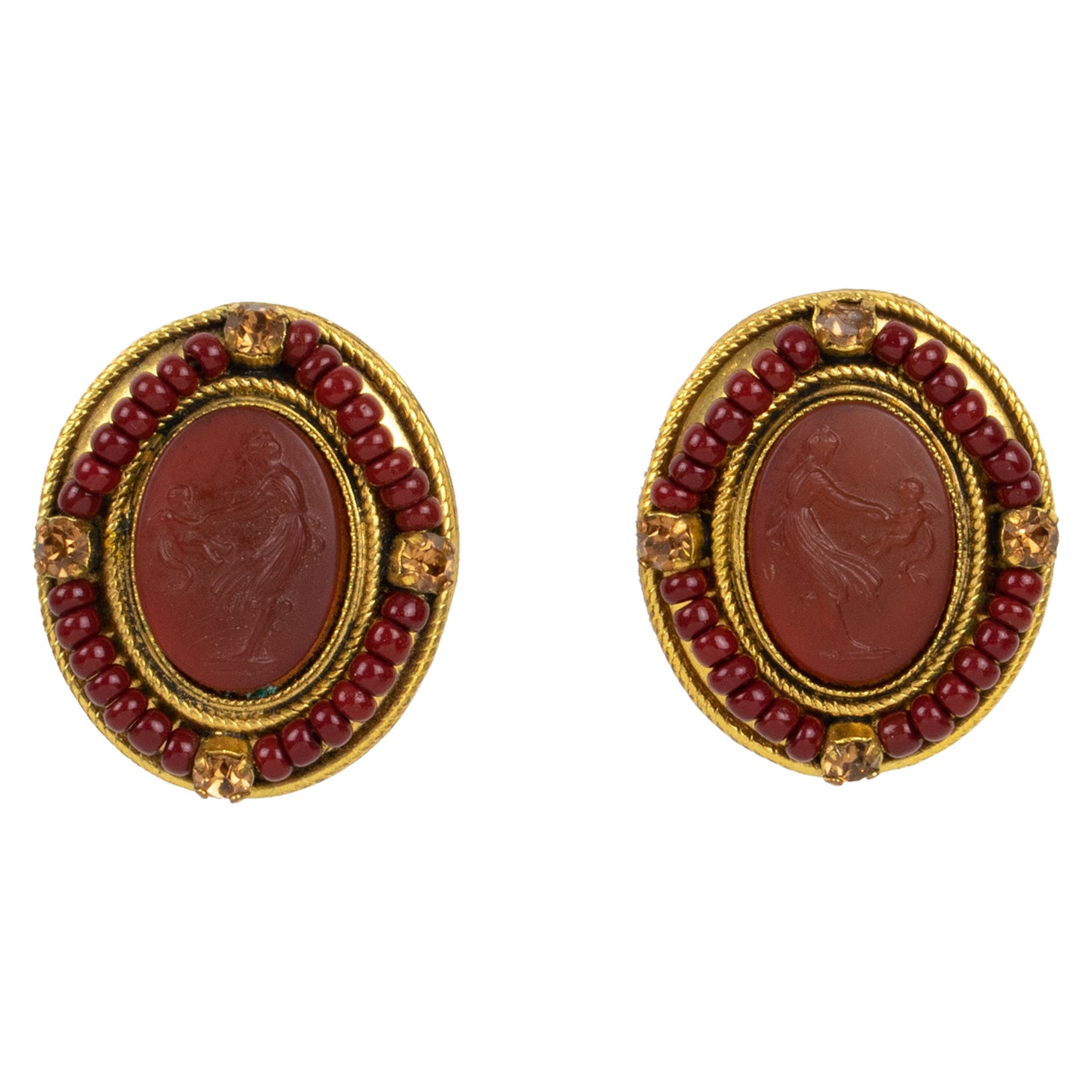 Zoe Coste Clip Earrings Red Glass Victorian Cameo For Sale