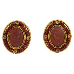 Vintage Zoe Coste Clip Earrings Red Glass Victorian Cameo