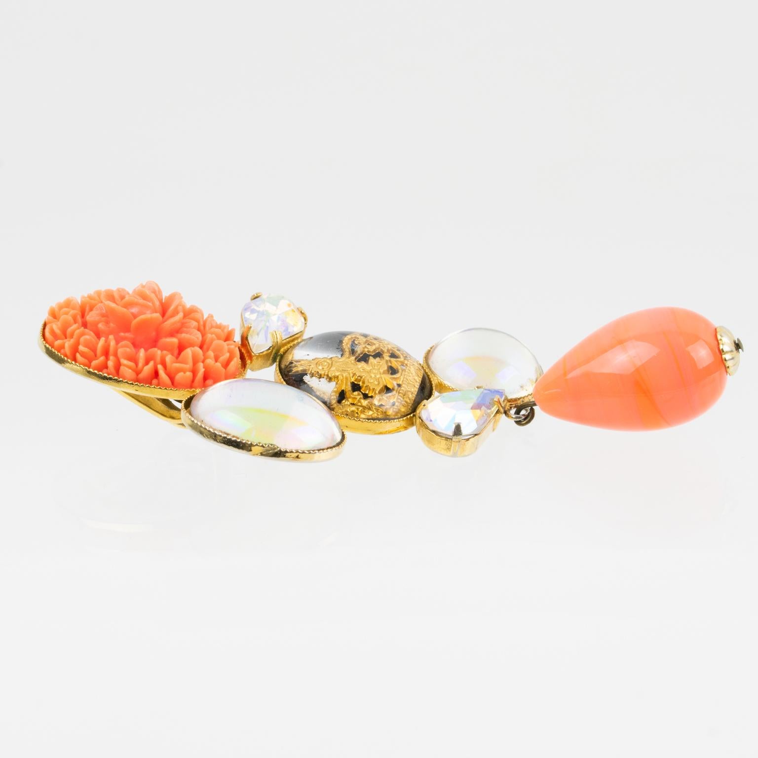 Baroque Revival Zoe Coste Dangle Clip Earrings Faux Coral and AB Cabochons For Sale