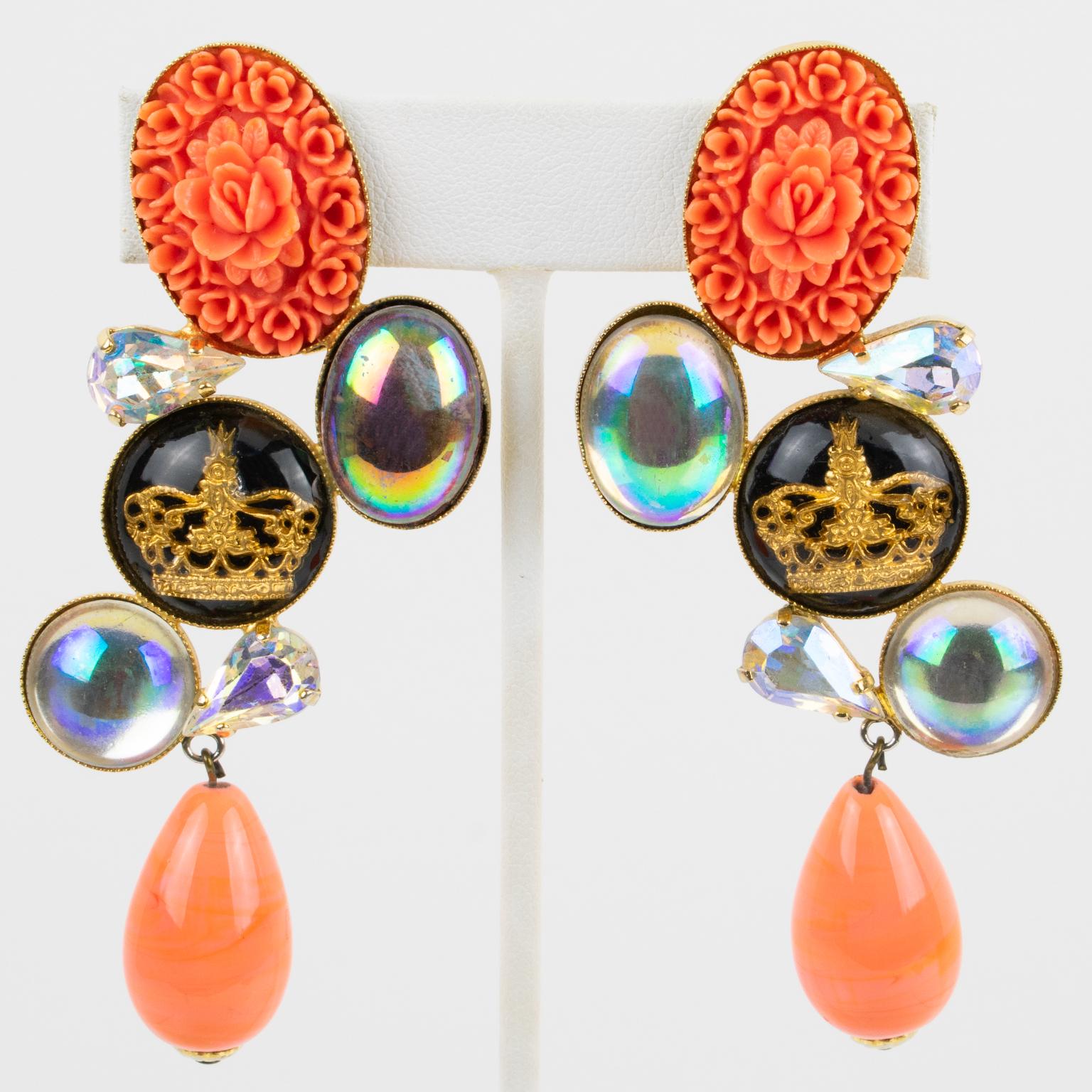 Zoe Coste Faux-Coral and AB Crystal Dangle Earrings For Sale 2
