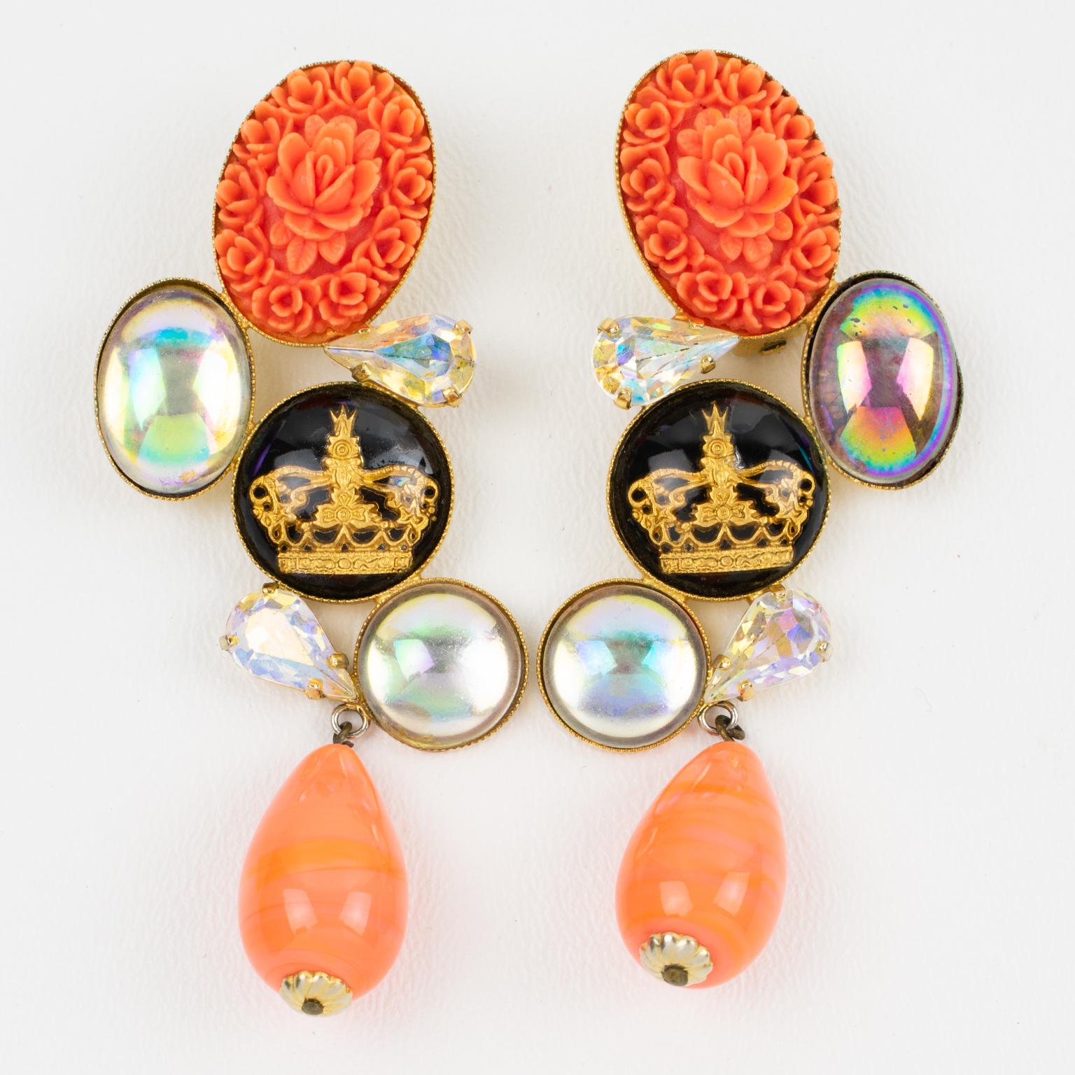 Zoe Coste Faux-Coral and AB Crystal Dangle Earrings For Sale 3