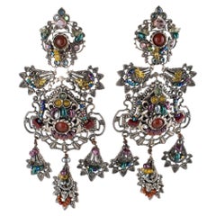 Zoe Coste For Reminiscence Oriental Silvered Jeweled Dangle Clip Earrings