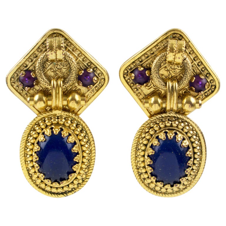 Zoe Coste Dangle Clip Earrings Blue Cabochon at 1stDibs