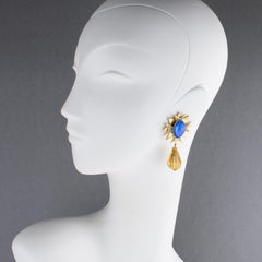 Zoe Coste France Gilt Metal Jeweled Dangle Clip Earrings with Blue Cabochon