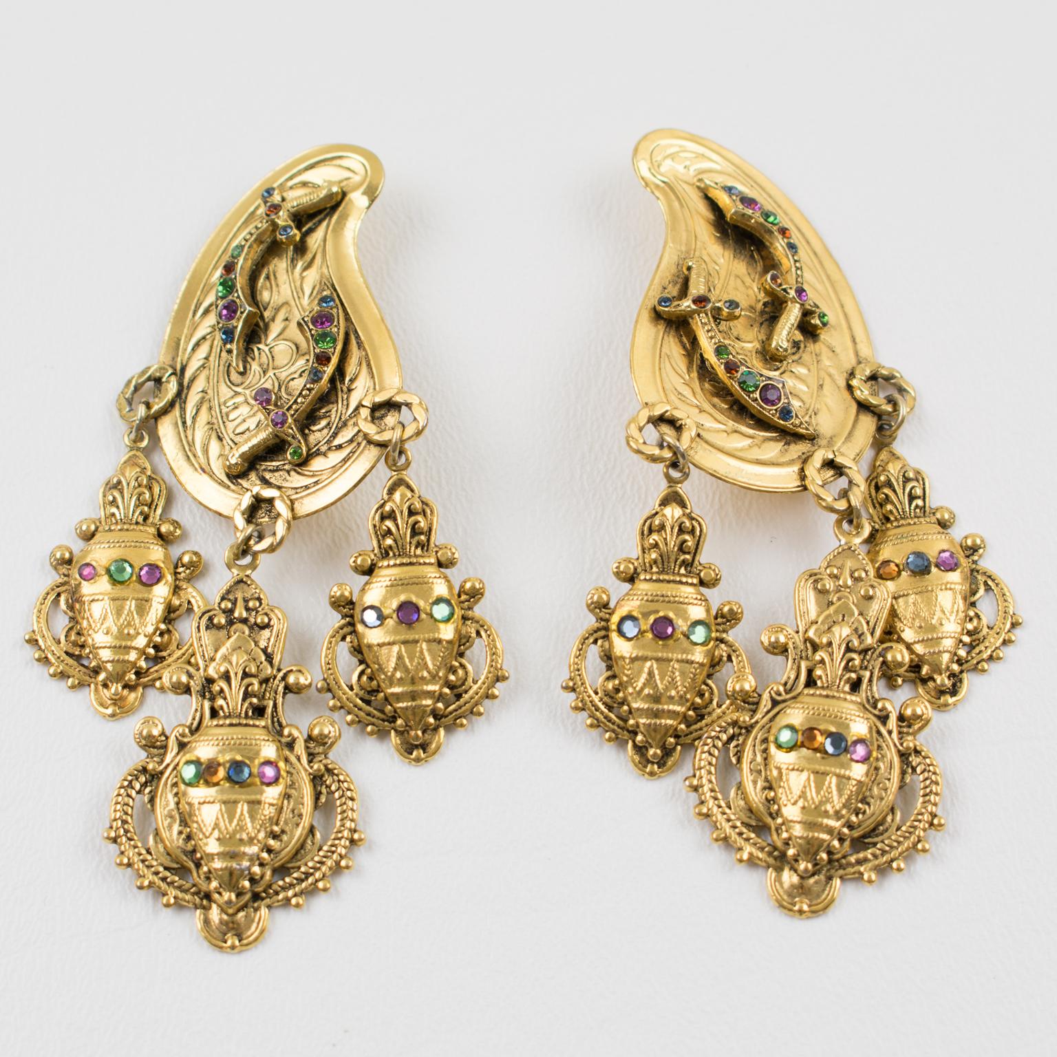 Zoe Coste Oversized Oriental Jeweled Dangle Clip Earrings In Excellent Condition In Atlanta, GA