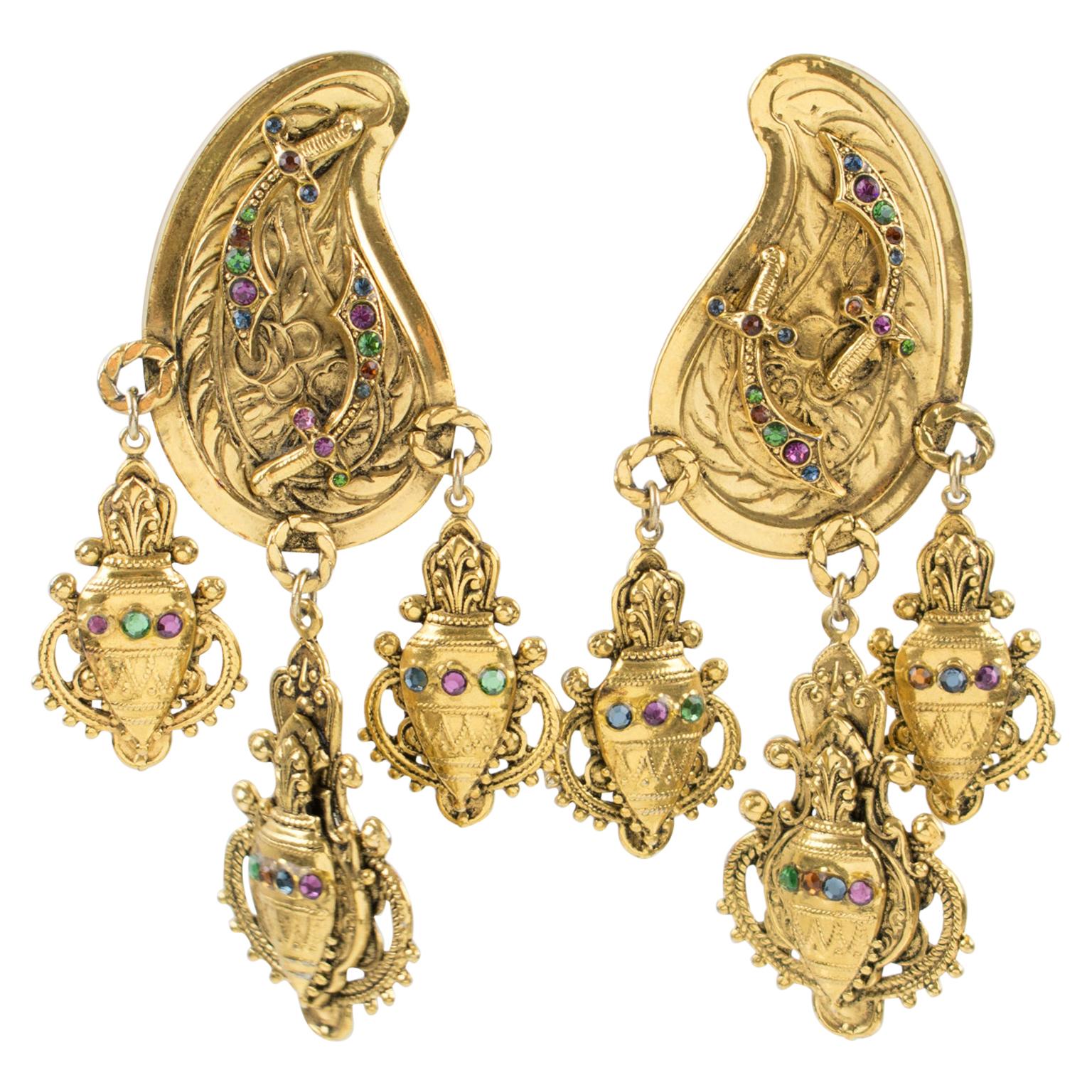 Zoe Coste Oversized Oriental Jeweled Dangle Clip Earrings