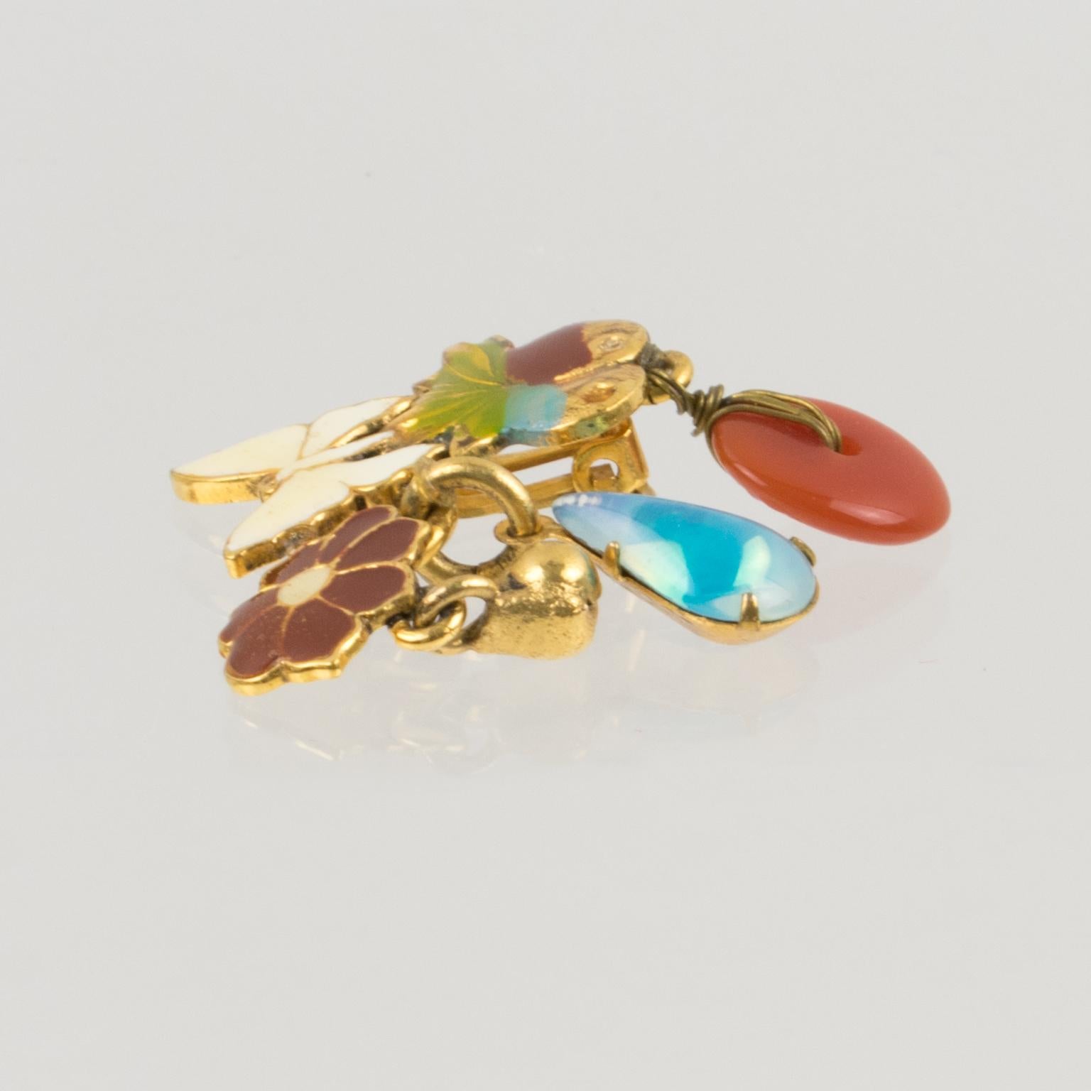 Zoe Coste Paris Romantic Enamel Clip Earrings with Dangle Butterfly In Excellent Condition For Sale In Atlanta, GA