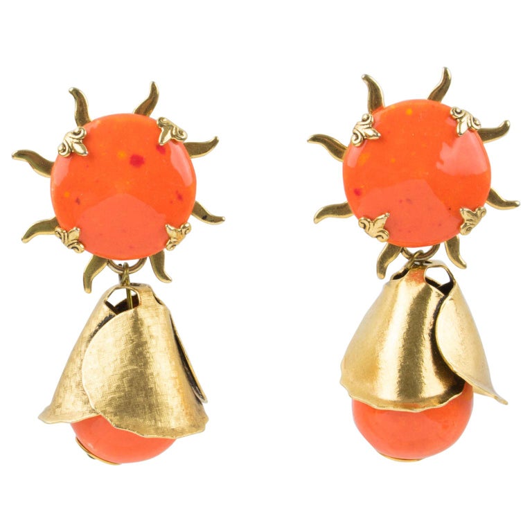 Zoe Coste Reminiscence Orange Ceramic and Gilt Metal Clip Earrings For