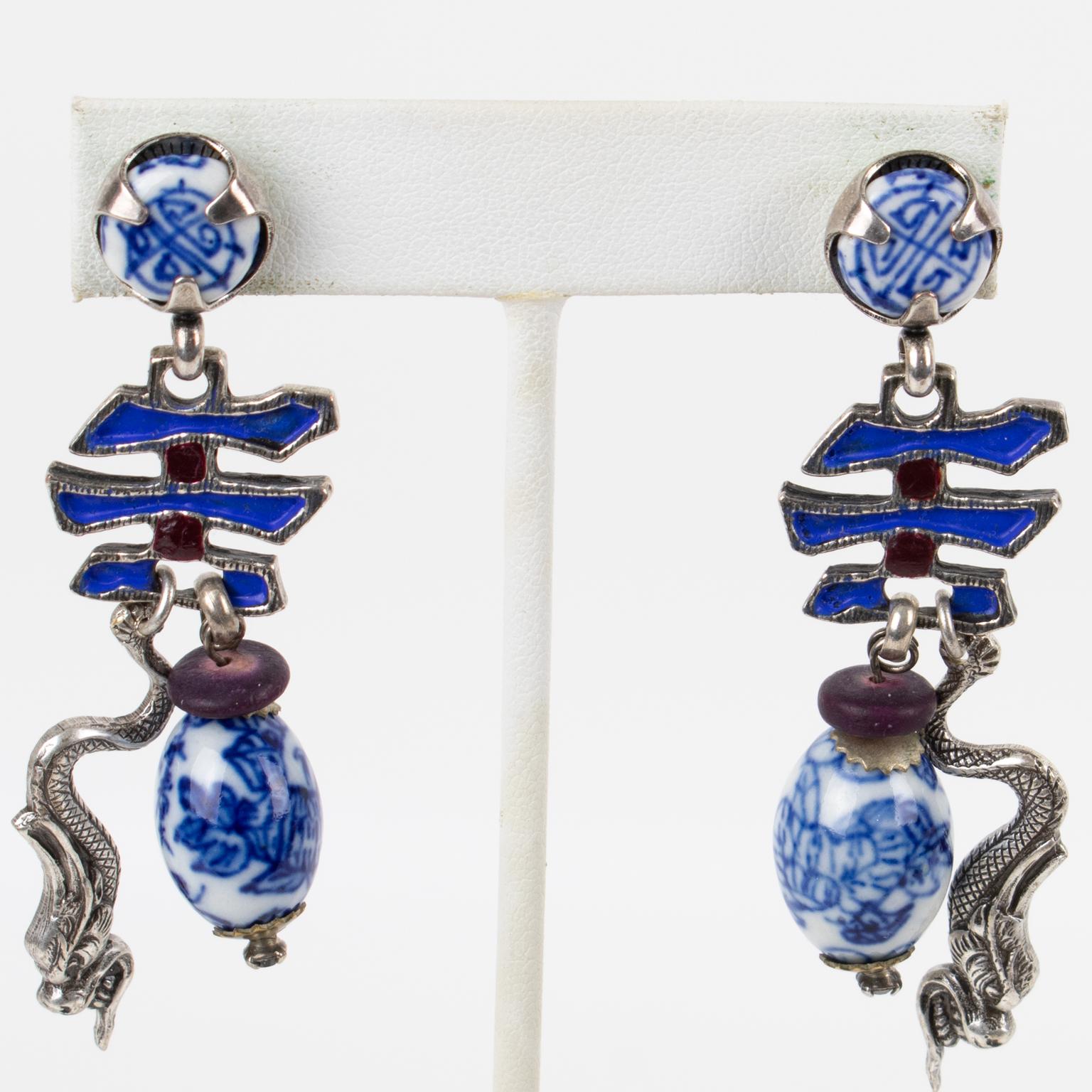 Zoe Coste Silvered Metal and Enamel Dangle Earrings For Sale 2