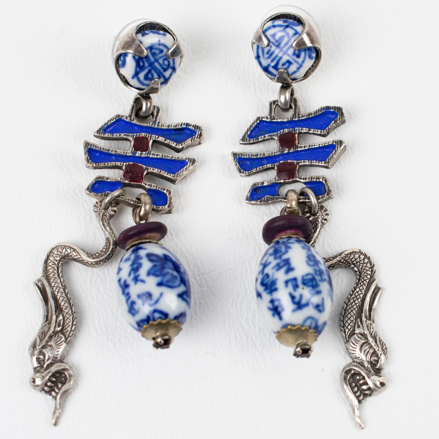 Zoe Coste Silvered Metal and Enamel Dangle Earrings For Sale 3