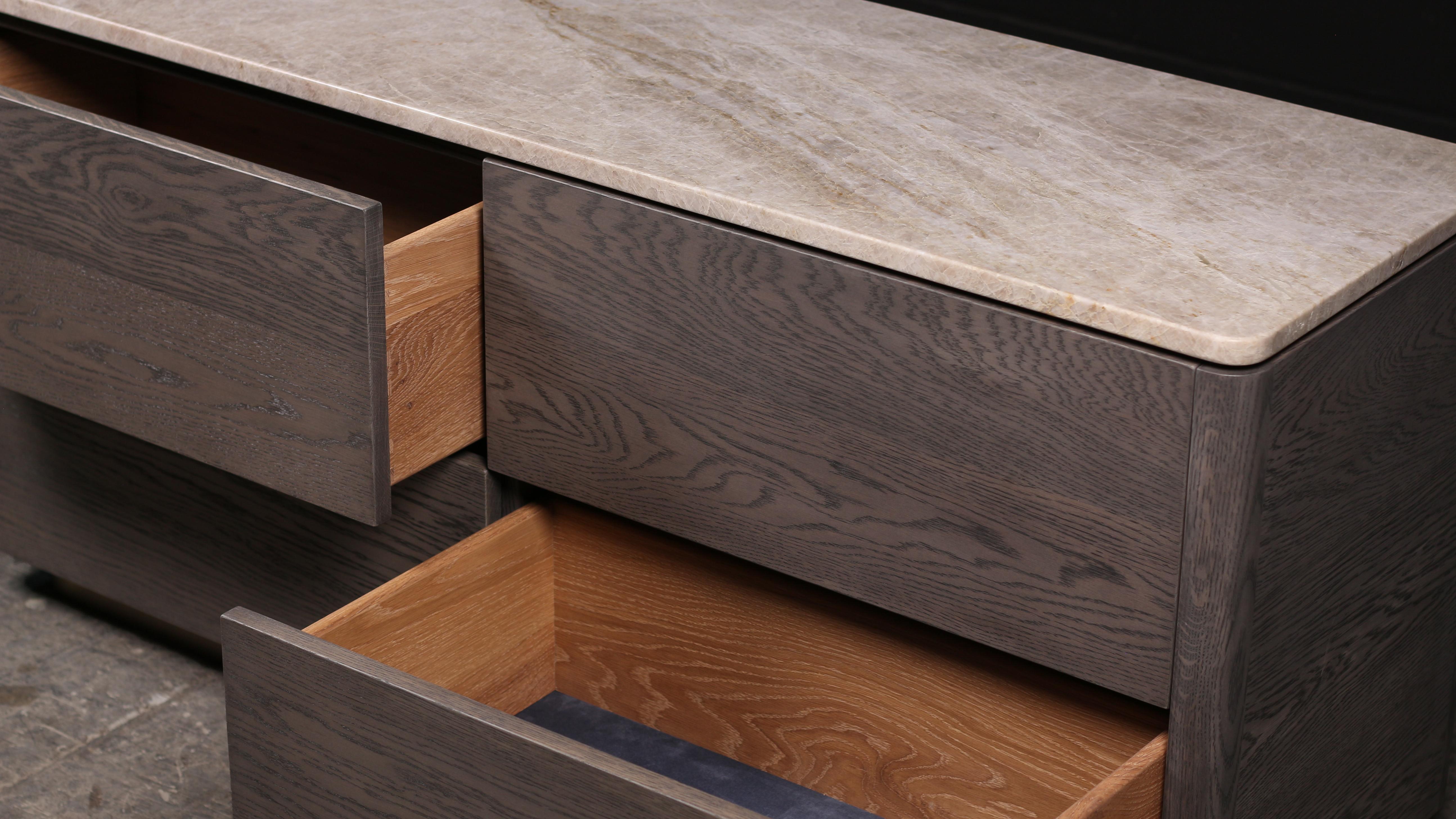 The ZOË Dresser is custom-made to stylishly store your everyday and special items. With solid wood drawers lined with Suede veneer and a floating design, it exudes luxury. Personalize your order with finishes like Solid Wood, Quartzite Stone,