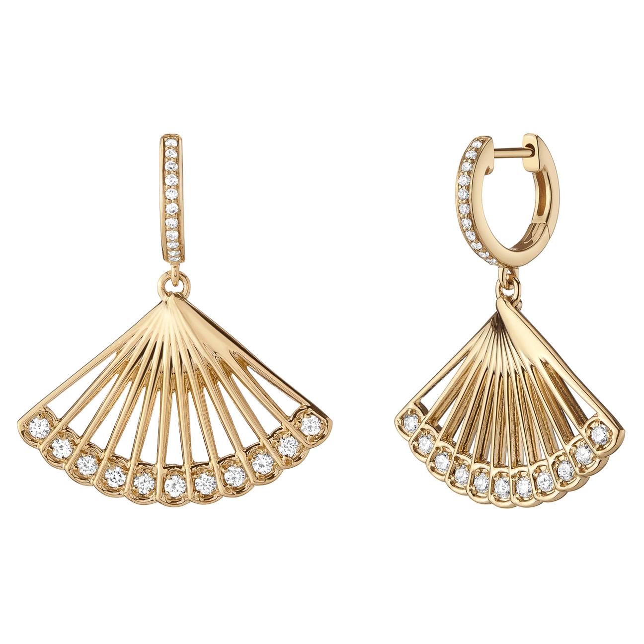 Zoe Drop Earrings, Yellow Gold anmd Diamond Fan Earrings For Sale at 1stDibs
