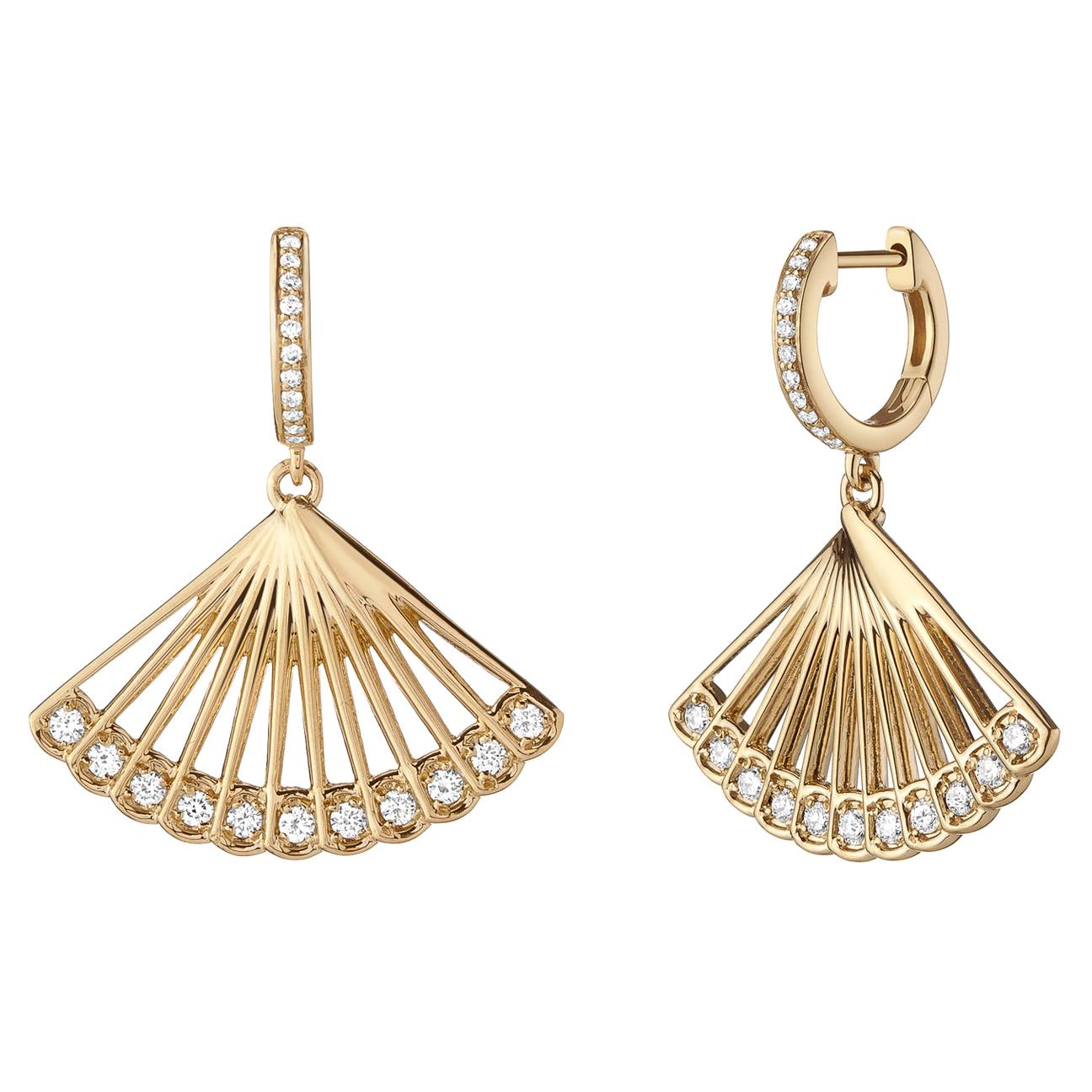 Zoe Drop Earrings, Yellow Gold anmd Diamond Fan Earrings For Sale