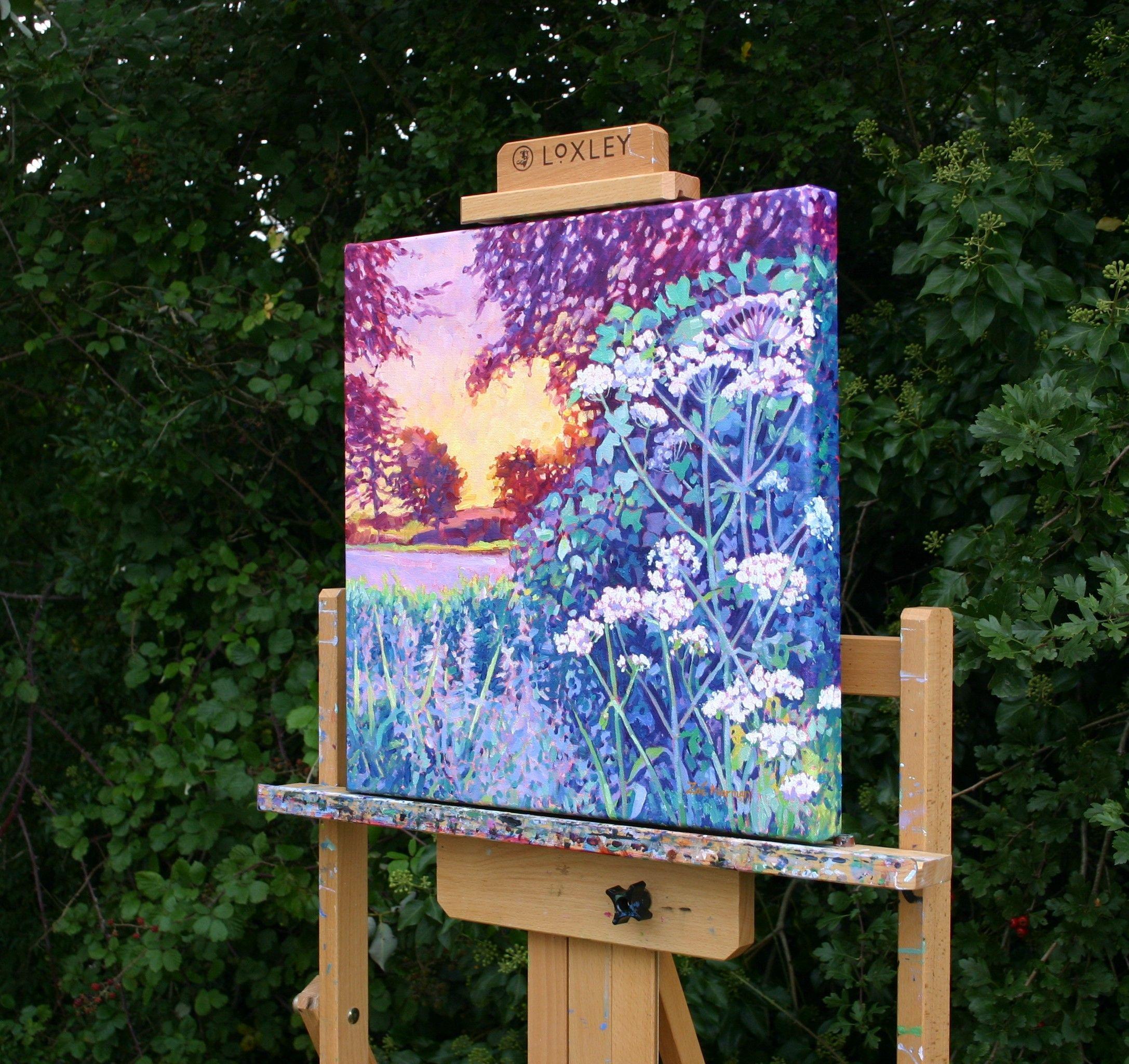 Contemporary Impressionism    An evening walk inspired this painting. The lovely blue green and violet hues of the foreground cow parsley and grasses offset the hazy burnt yellow and orange glow of the sun through the distant trees.    This