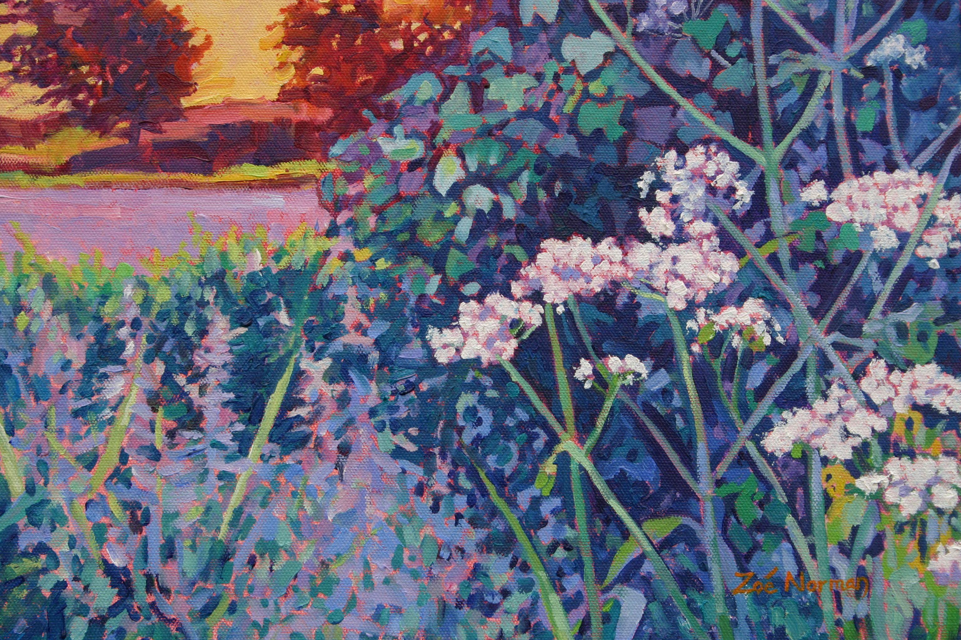 L'impressionnisme contemporain    Cette peinture a été inspirée par une promenade nocturne. Les jolies teintes bleues, vertes et violettes du persil de vache et des herbes du premier plan contrebalancent la lueur jaune brûlé et orange du soleil à