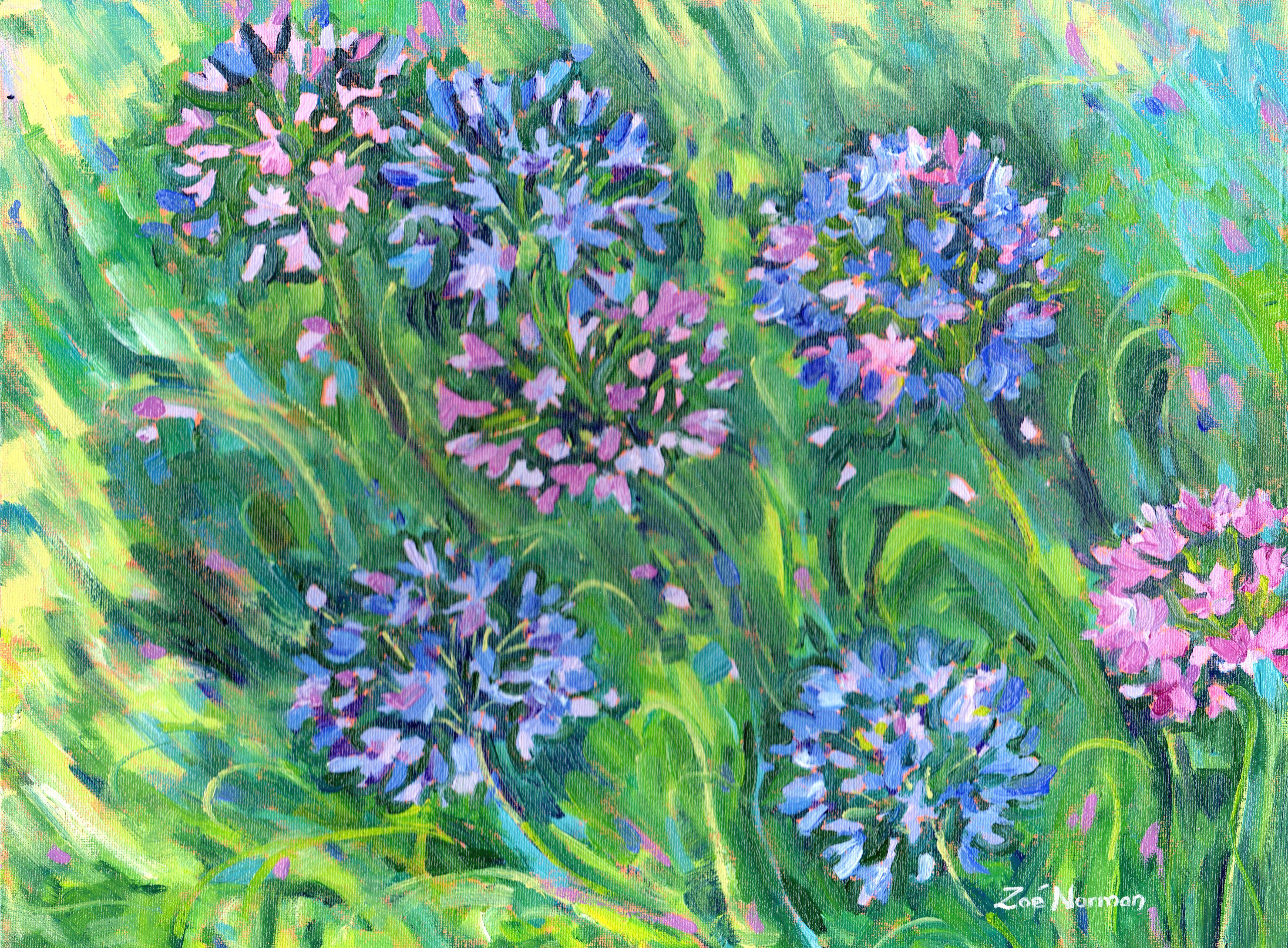 Ölgemälde „Aquamarinblumen“, Gemälde auf Anderem – Painting von Zoe Elizabeth Norman