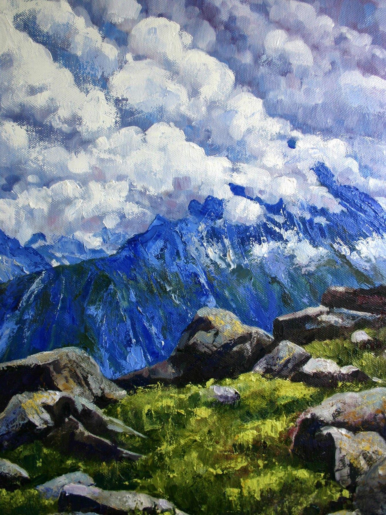 Modern contemporary impressionism.    Alpine landscape oil painting on cotton canvas.    A holiday to the French and Italian Alps has inspired a collection of mountain paintings.    This painting was inspired by the striking contrast between