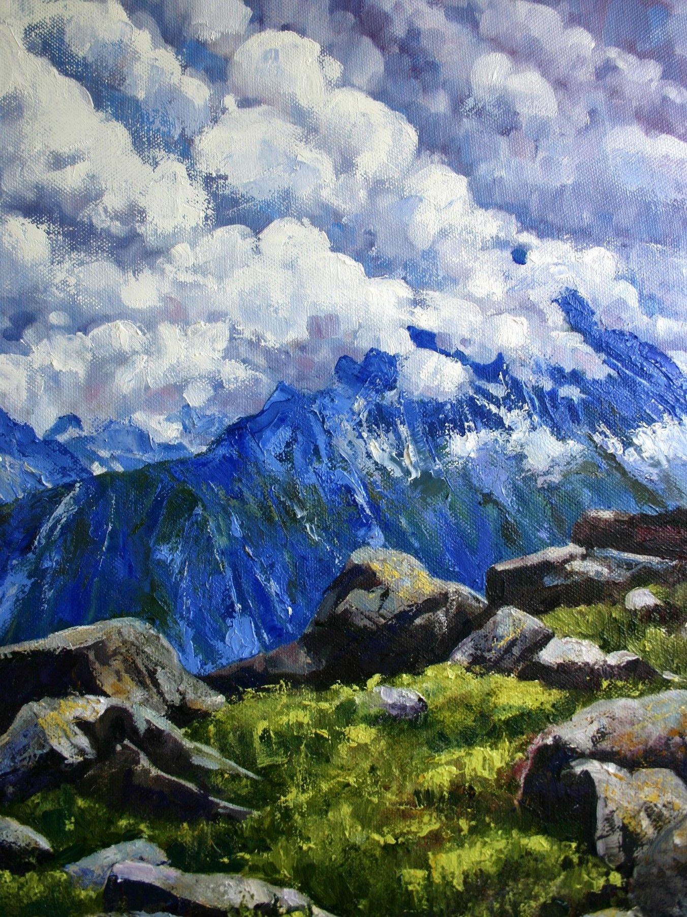 Impressionismo moderno contemporaneo.    Paesaggio alpino dipinto a olio su tela di cotone.    Una vacanza sulle Alpi francesi e italiane ha ispirato una collezione di dipinti di montagna.    Questo dipinto è stato ispirato dal sorprendente