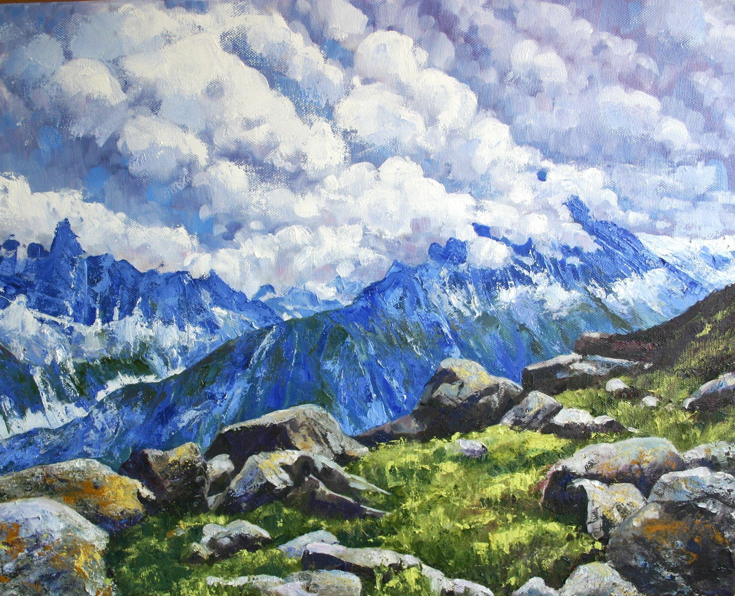 Peinture, huile sur toile, Hautes vallées alpines - Painting de Zoe Elizabeth Norman