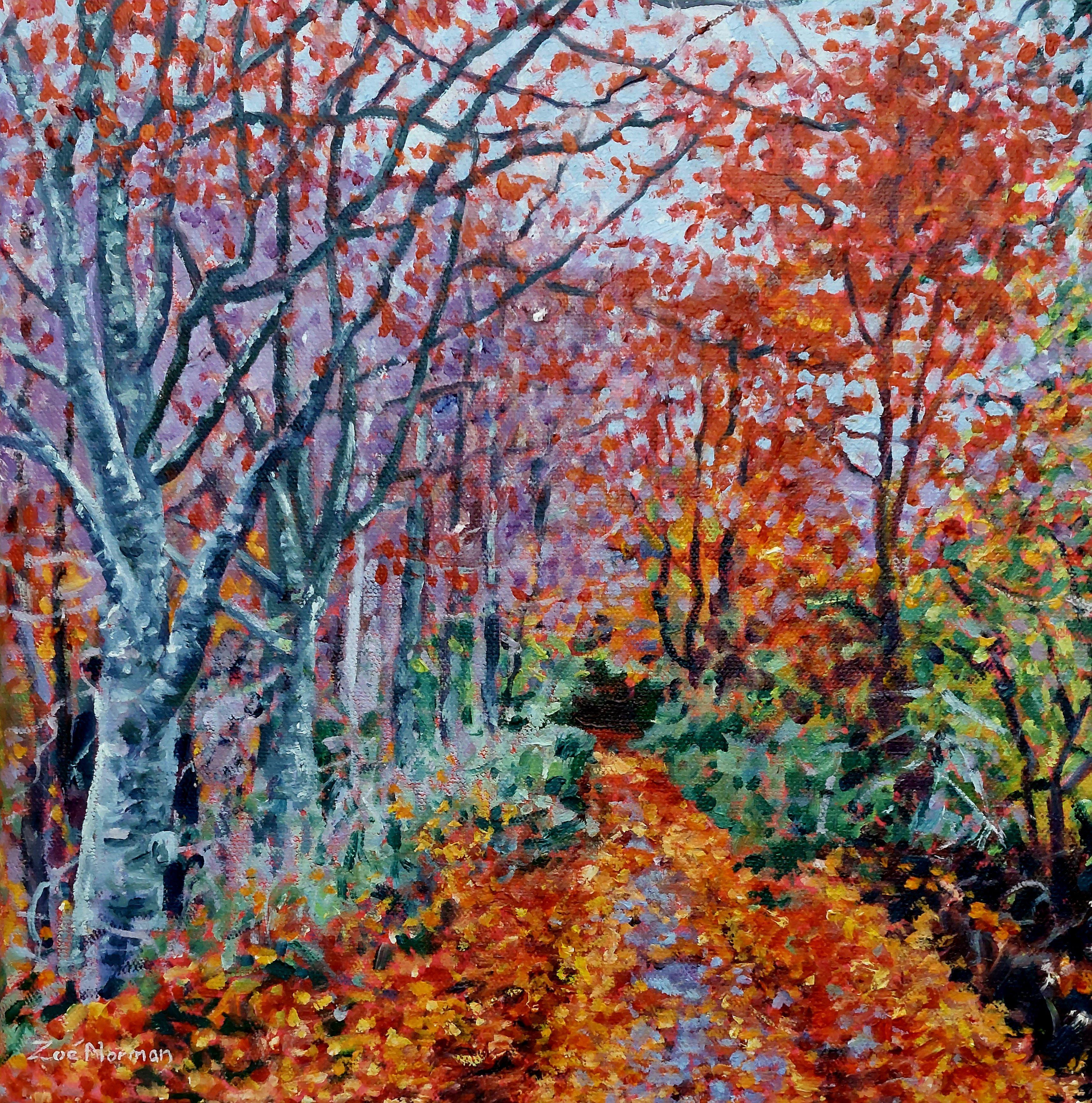 Contemporary Impressionism    An autumn walk through Ashwellthorpe wood inspired this vibrant oil painting. This little painting continues around the edges so framing is optional.    Your painting will arrive corded ready to hang, varnished, signed