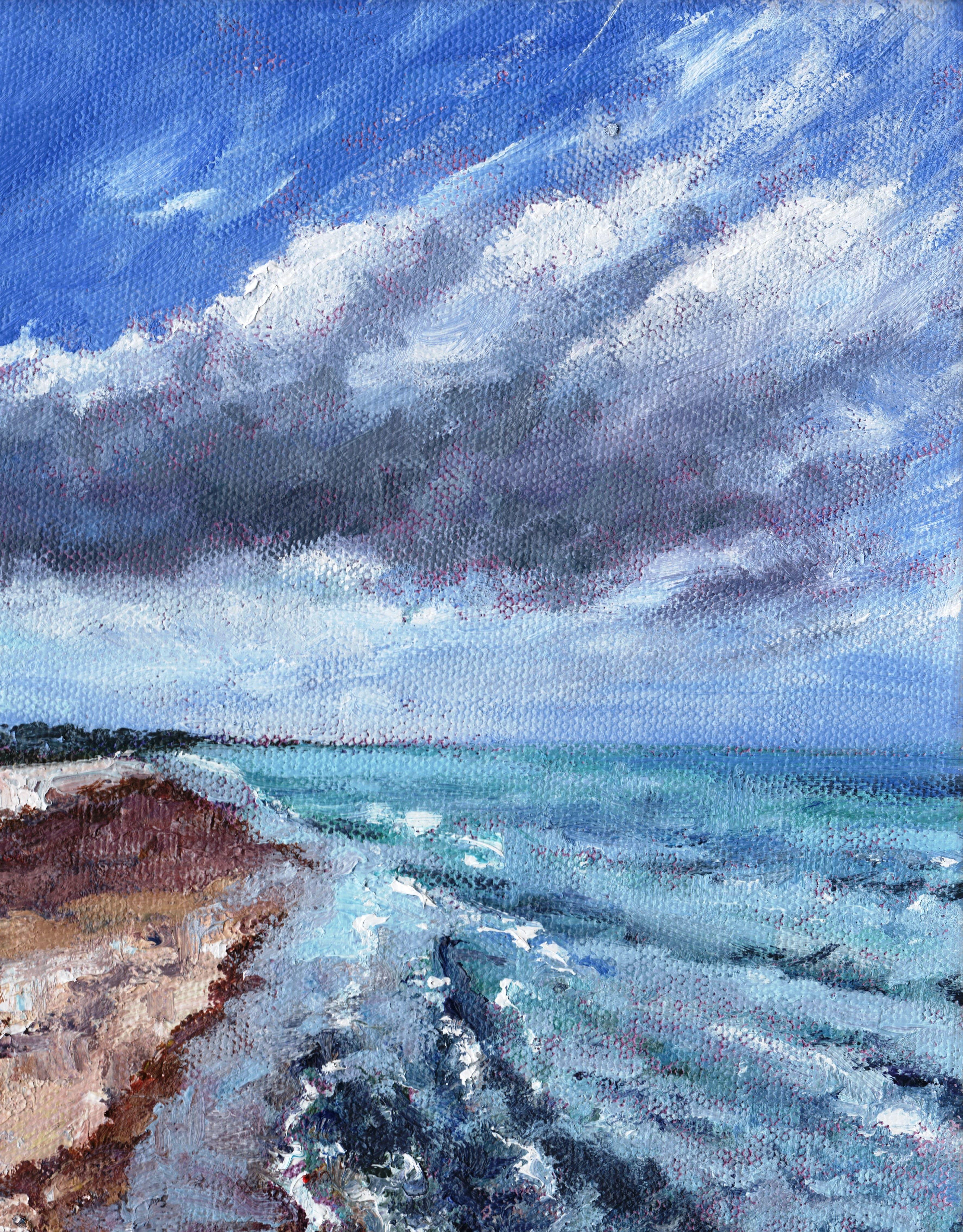 Zeitgenössischer Impressionismus. Gemalt mit dicker Impasto-Farbe und lebhaften Pinselstrichen. Nach einem Sommerurlaub an der Grenze kam ich nach Hause und malte diese kleine Strandszene nach Fotos, die ich in Banburgh aufgenommen hatte. Die