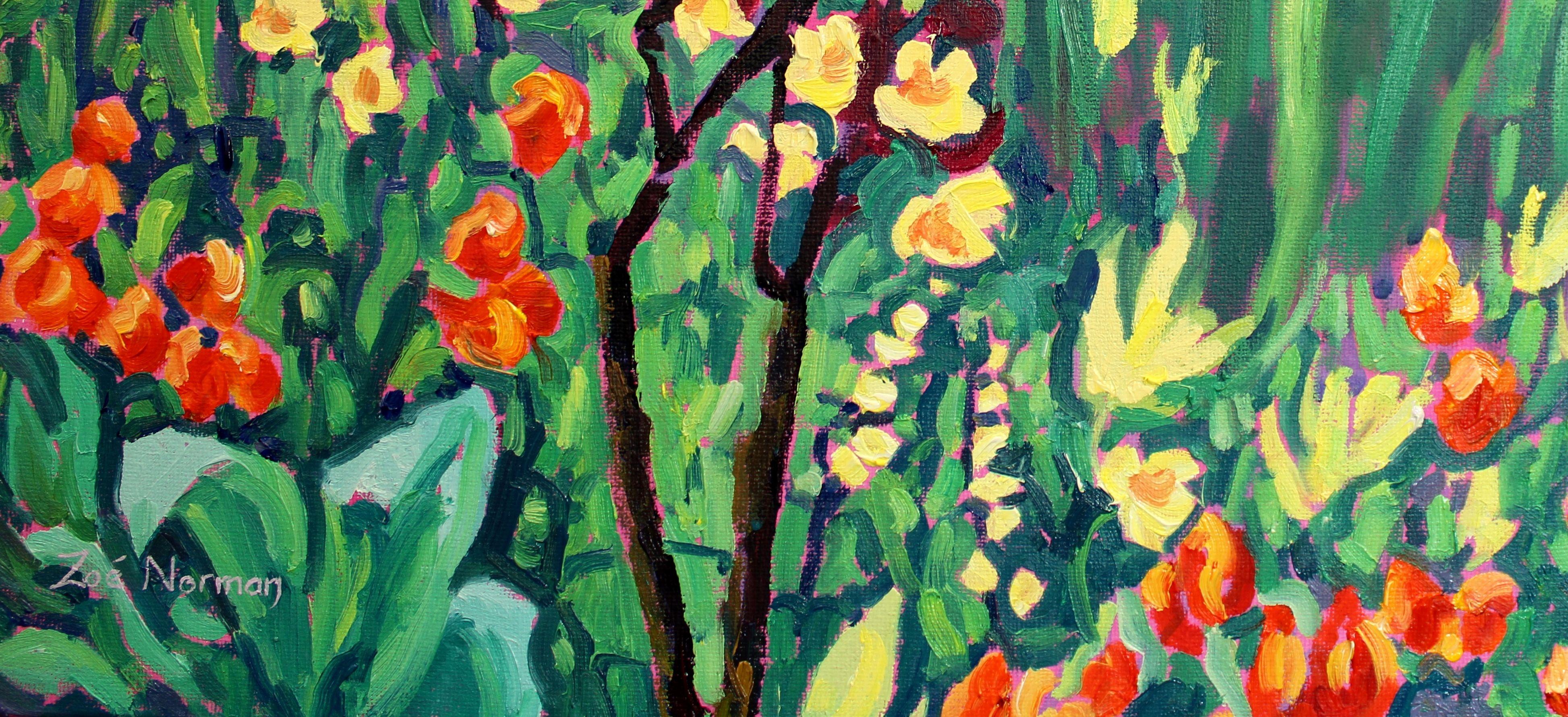 Zeitgenössischer Impressionismus.    Die ikonische Glyzinienbrücke in Monets Garten in Giverny wurde von dem Künstler mit dicken Impasto-Ölfarben und lebhaften Pinselstrichen gemalt. Die wunderschönen Glyzinienblüten stehen in voller Blüte und man