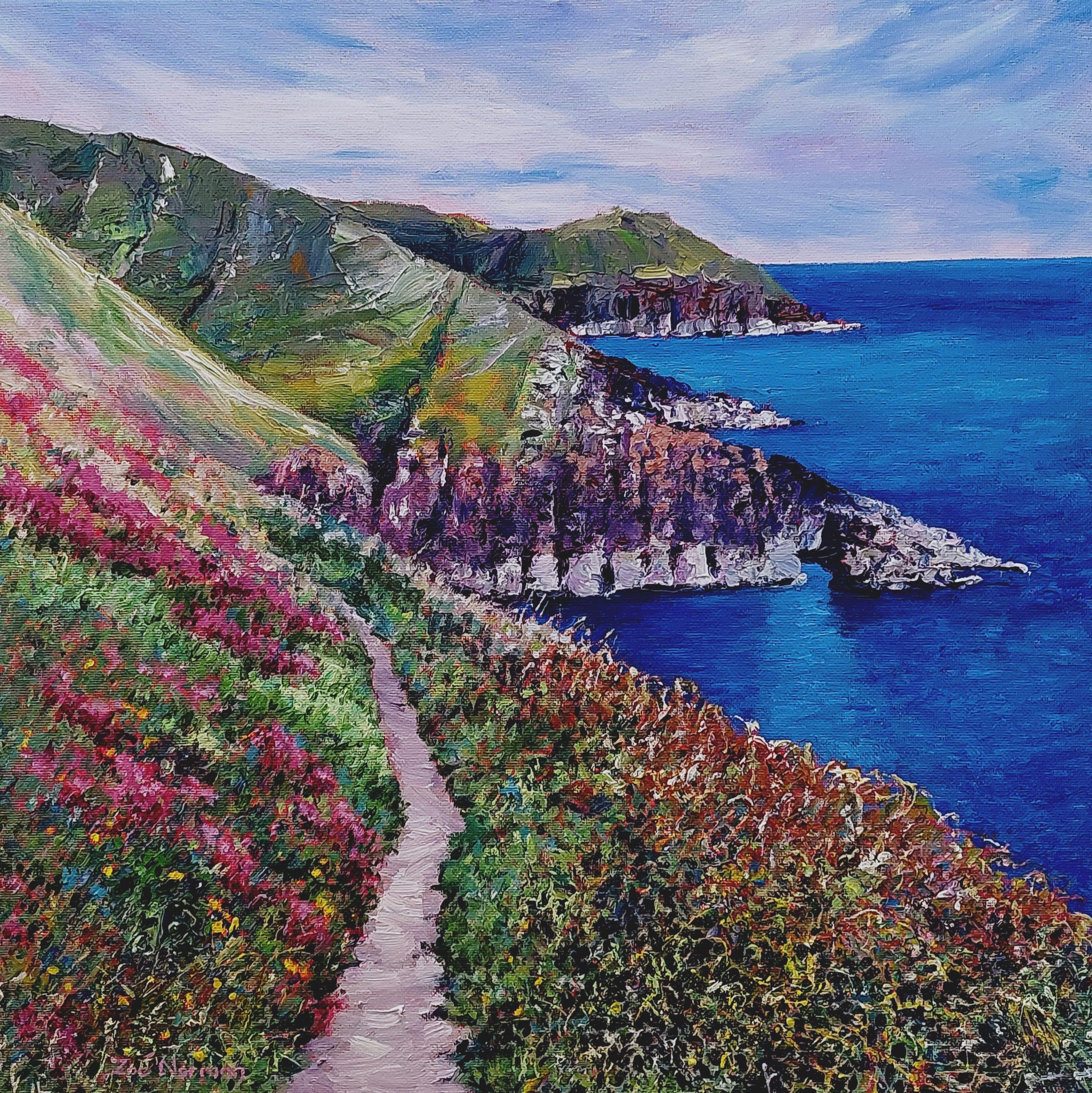 Contemporary Impressionism. This is the Gower coastal path from Rhossili to Worms Head near Swansea. I captured the scene on a very hot September day whilst on holiday and completed the painting back home in my studio. The painting continues around
