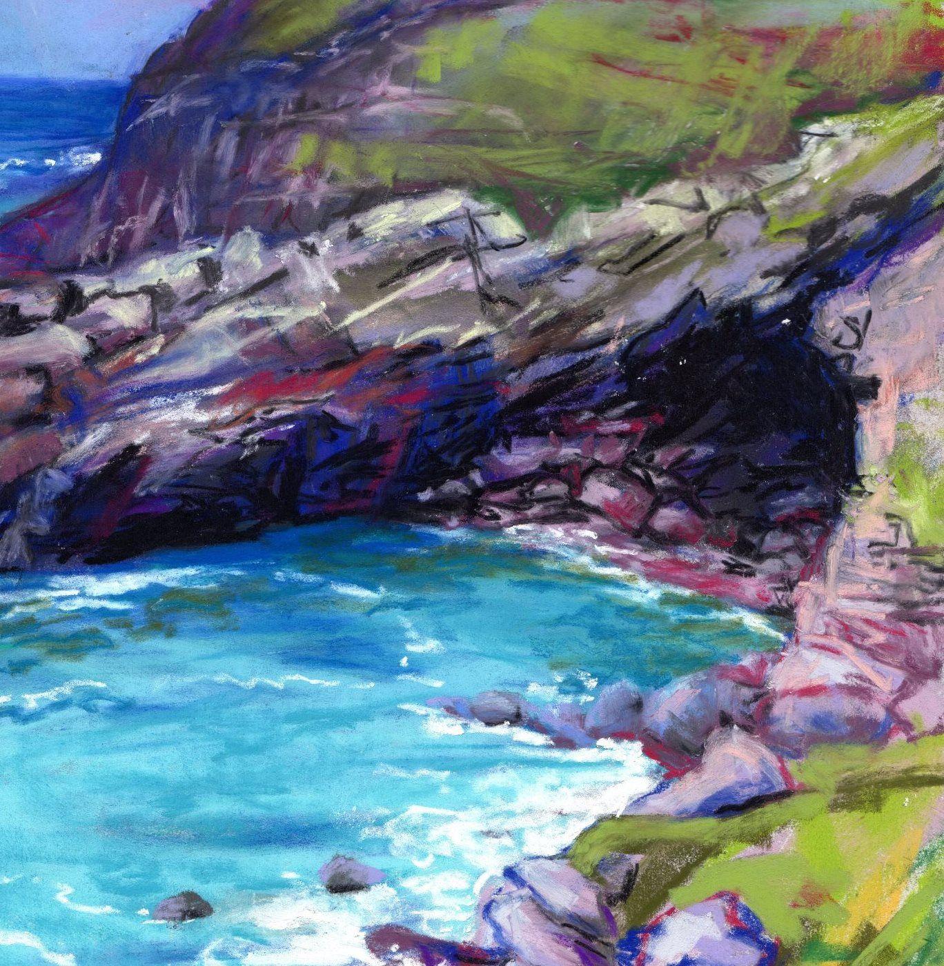Modern contemporary impressionism.    This painting was started on location at Tintagel on the Cornish coast. I had walked further on from the ruined Castle (legendary home to King Arthur) and sat down to capture this beautiful scene of the rocky
