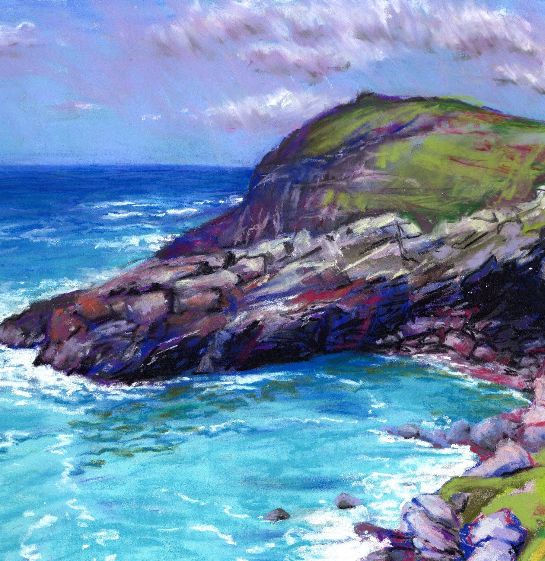 Cornwall, Cove at Tintagel, Painting, Pastels on Pastel Sandpaper For Sale 1