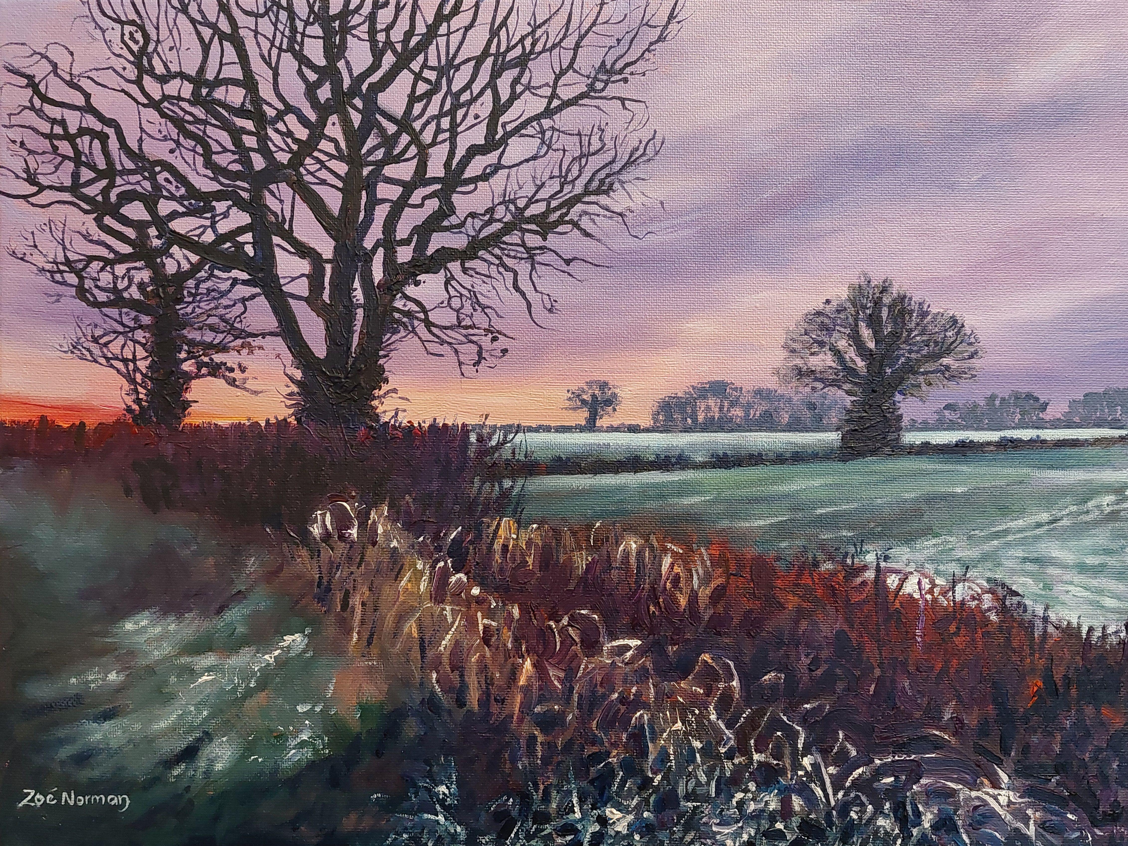 Contemporary Impressionism.    This painting was inspired by an evening winter walk. The haw frost glistened on the long grass and a cold mist was settling on the distant fields. Everything was eerily quiet except for the screetch of a barn owl.   