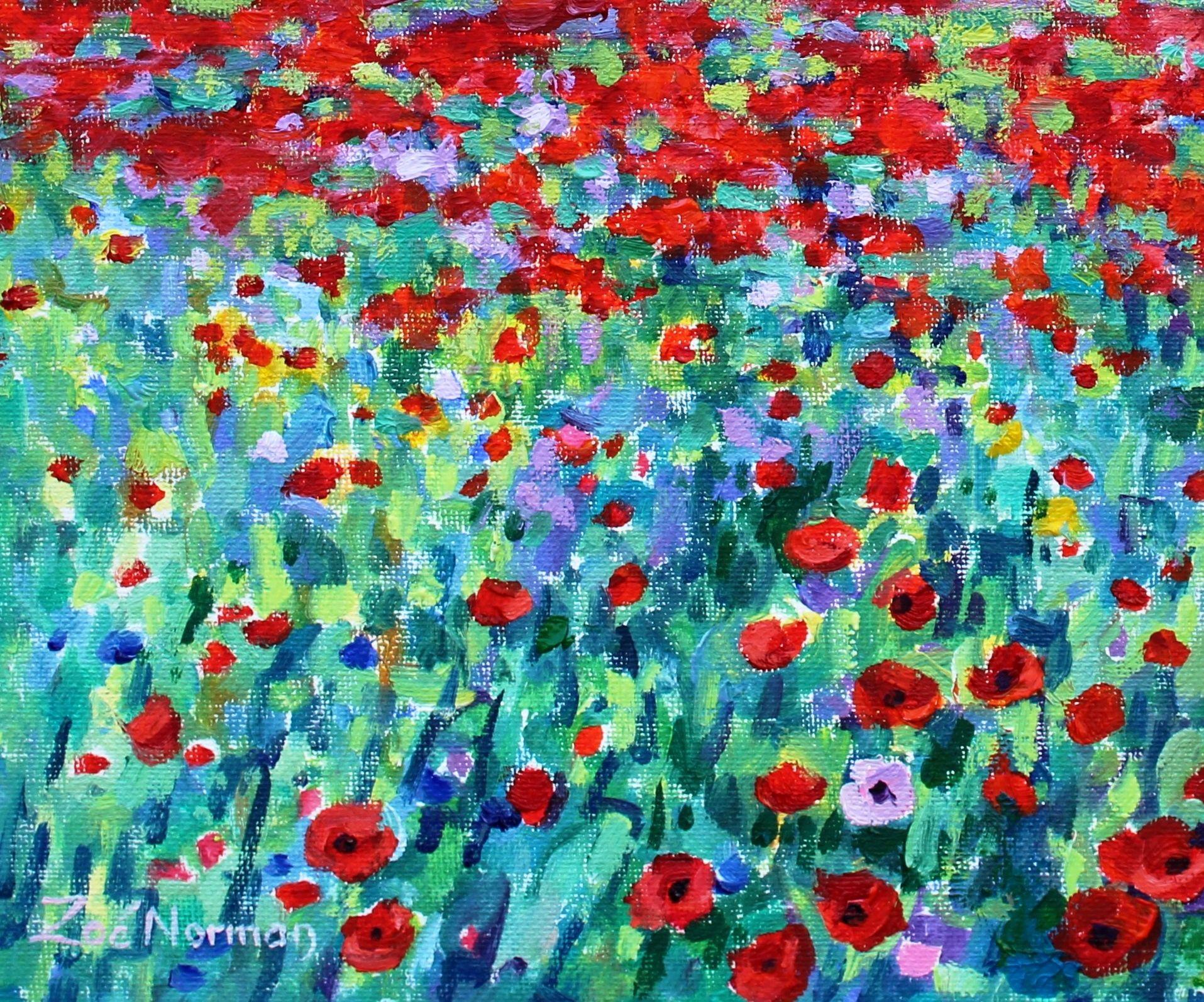 Impressionnisme contemporain    Douce prairie de fleurs sauvages au coucher du soleil, pleine de coquelicots rouges, de marguerites et de fleurs sauvages qui se balancent, peinte avec des coups de pinceau vifs dans un style impressionniste. Signé au