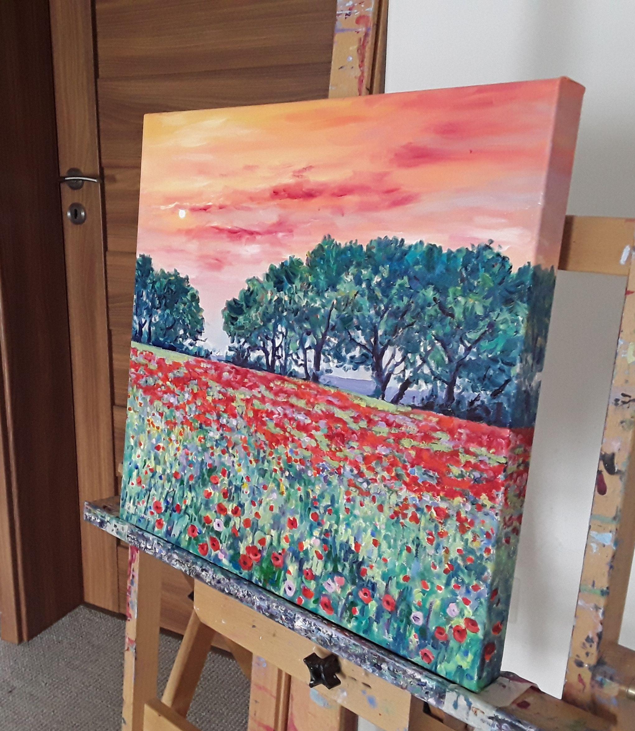 Contemporary Impressionism    Gentle wild flower meadow at sunset, full of swaying red poppies, daisies and wild flowers painted with lively brush strokes in an impressionistic style. Signed on the front and accompanied by a certificate of