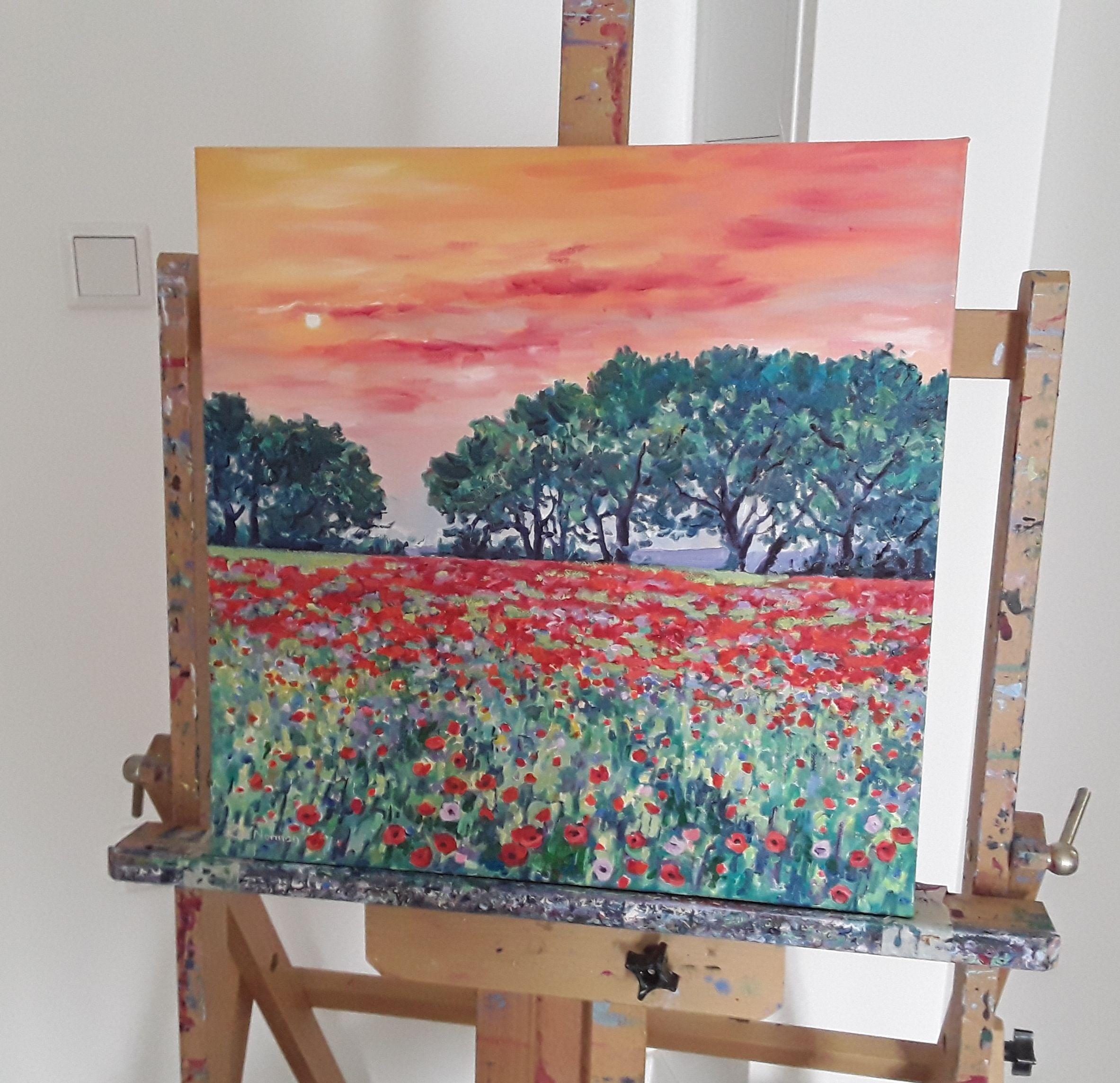 Evening Poppy Meadow, Painting, Oil on Canvas For Sale 1