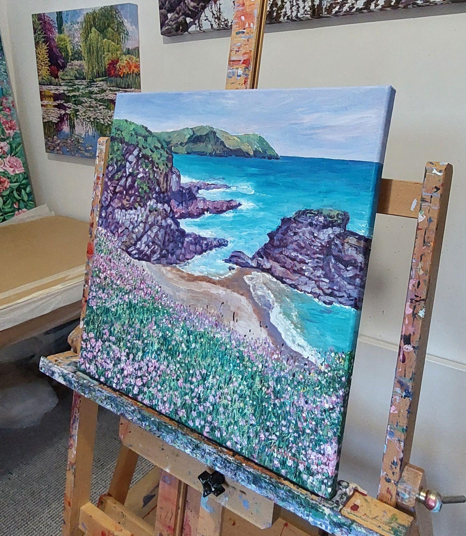 Flowers by the Sea, peinture, huile sur toile - Impressionnisme Painting par Zoe Elizabeth Norman