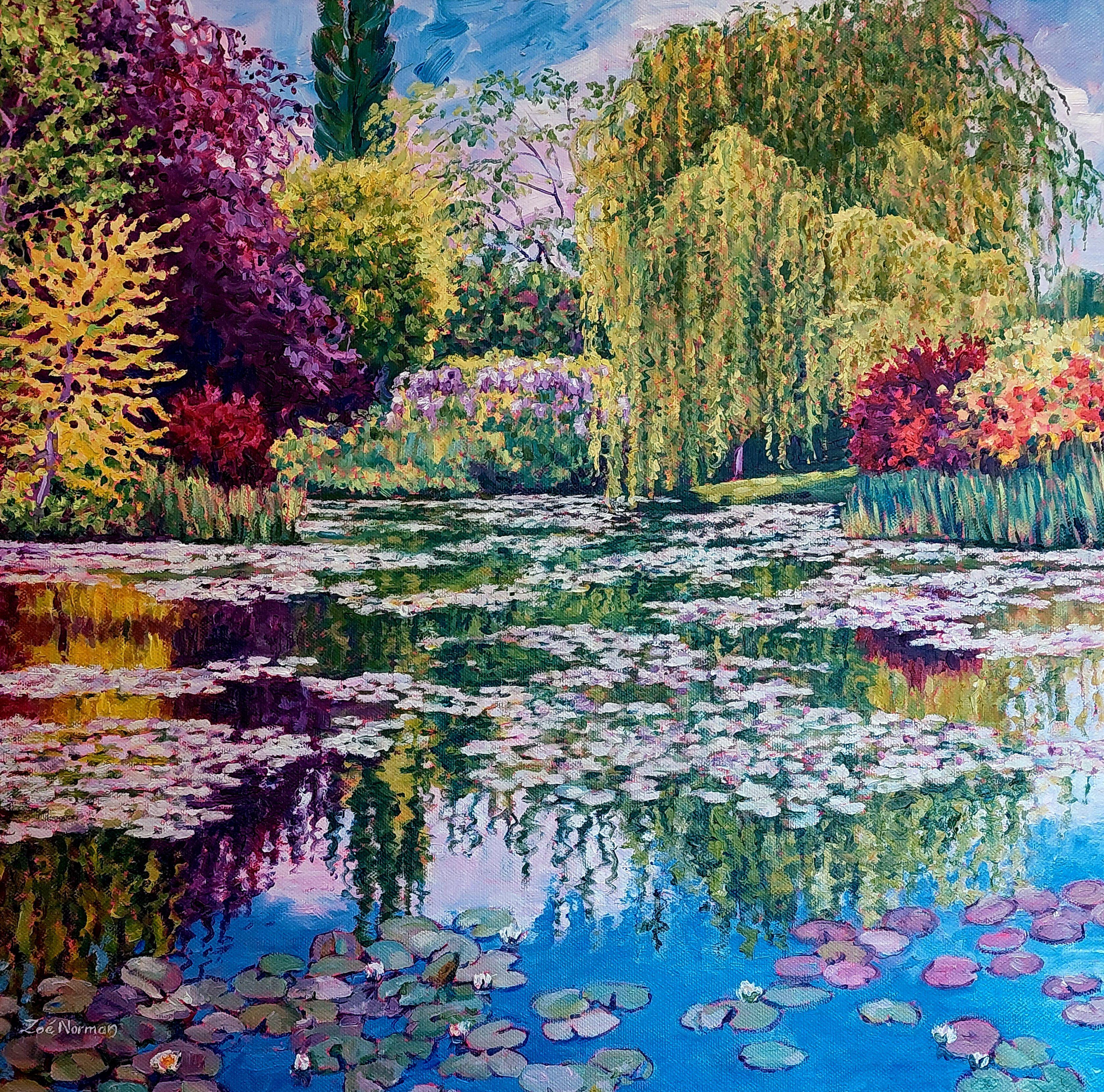 Contemporary Impressionism.    Stunning oil painting inspired by Claude Monet's iconic water garden at Giverny. Painted 'Alla Prema' with lively brush strokes and thickly applied vibrant oil paints; this is a unique and spectacular statement piece