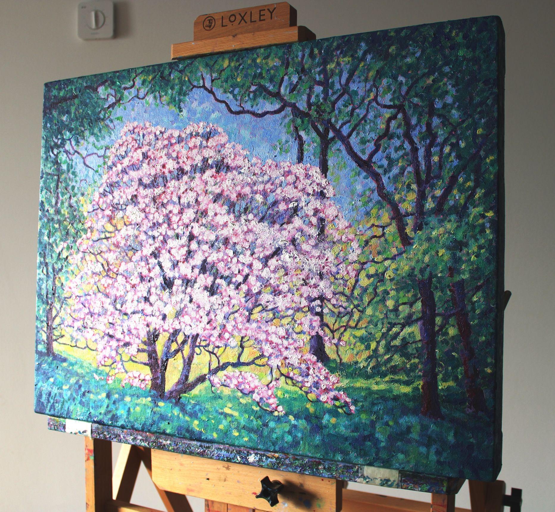 Contemporary Impressionism.    A Spring country walk revealed this stunning pink blossom tree lit from behind by the morning sun. The foamy blossom and foliage was painted with thick impasto paint and vibrant colours. The painting continues around
