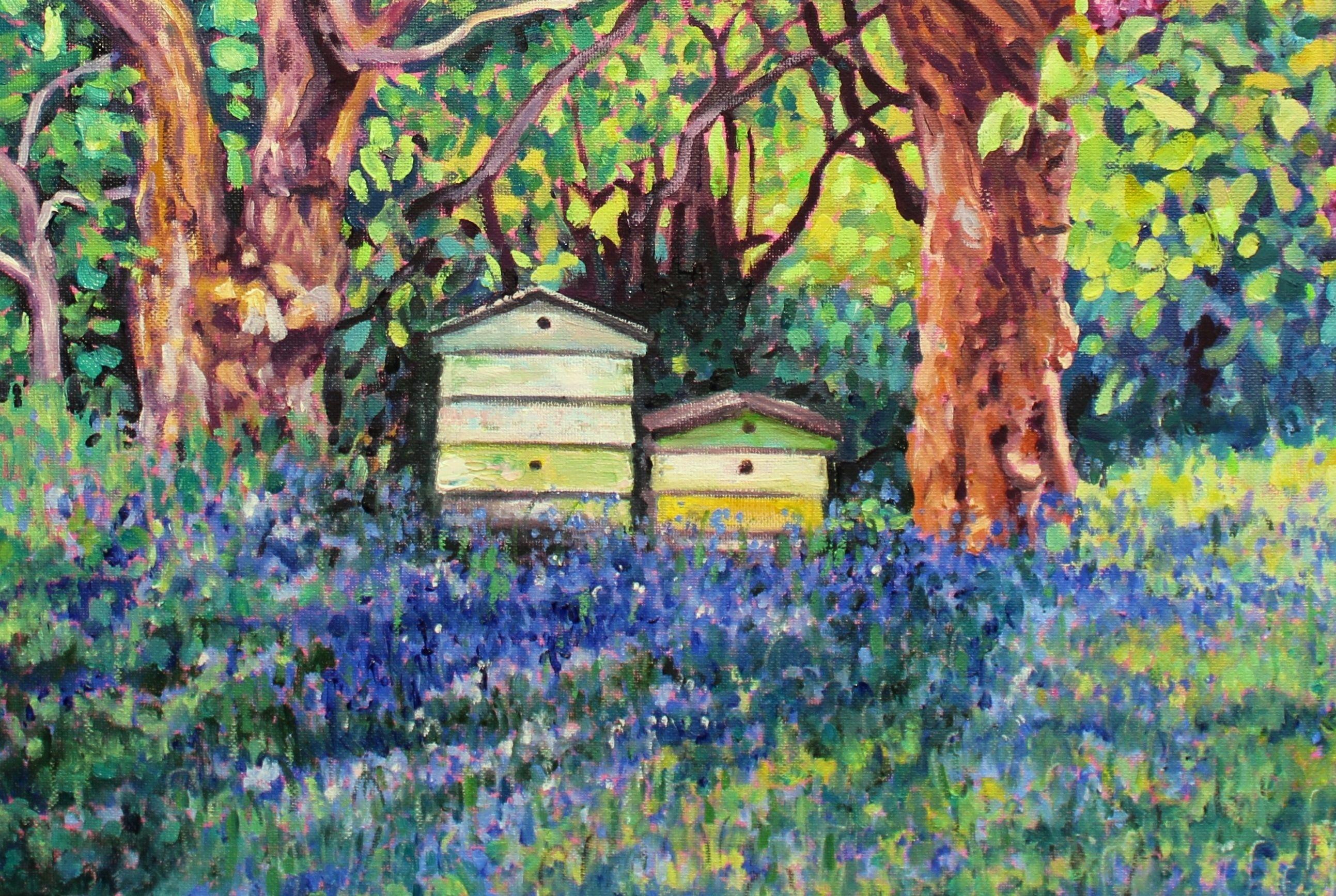 Contemporary Impressionism.    This was quite a complicated painting to complete with all the different elements. The painting is a lively contemporary depiction of an old country scene in spring. The bees are buzzing and collecting nectar from the