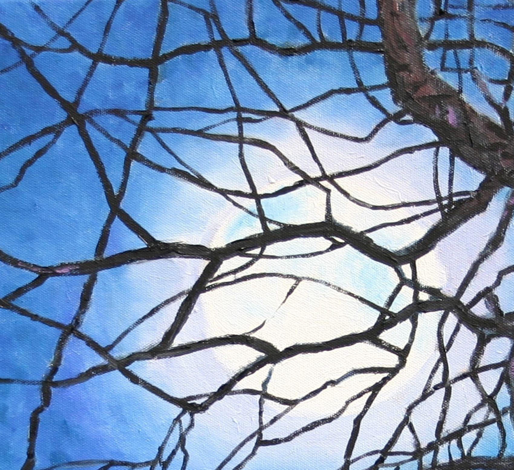 Contemporary Impressionism    Moon through trees at dusk. This unusual oil painting was inspired by the artists love of Beethoven's melancholy masterpiece 'Moonlight Sonata.'  Chunky canvas painted around the edges for an unframed contemporary look.