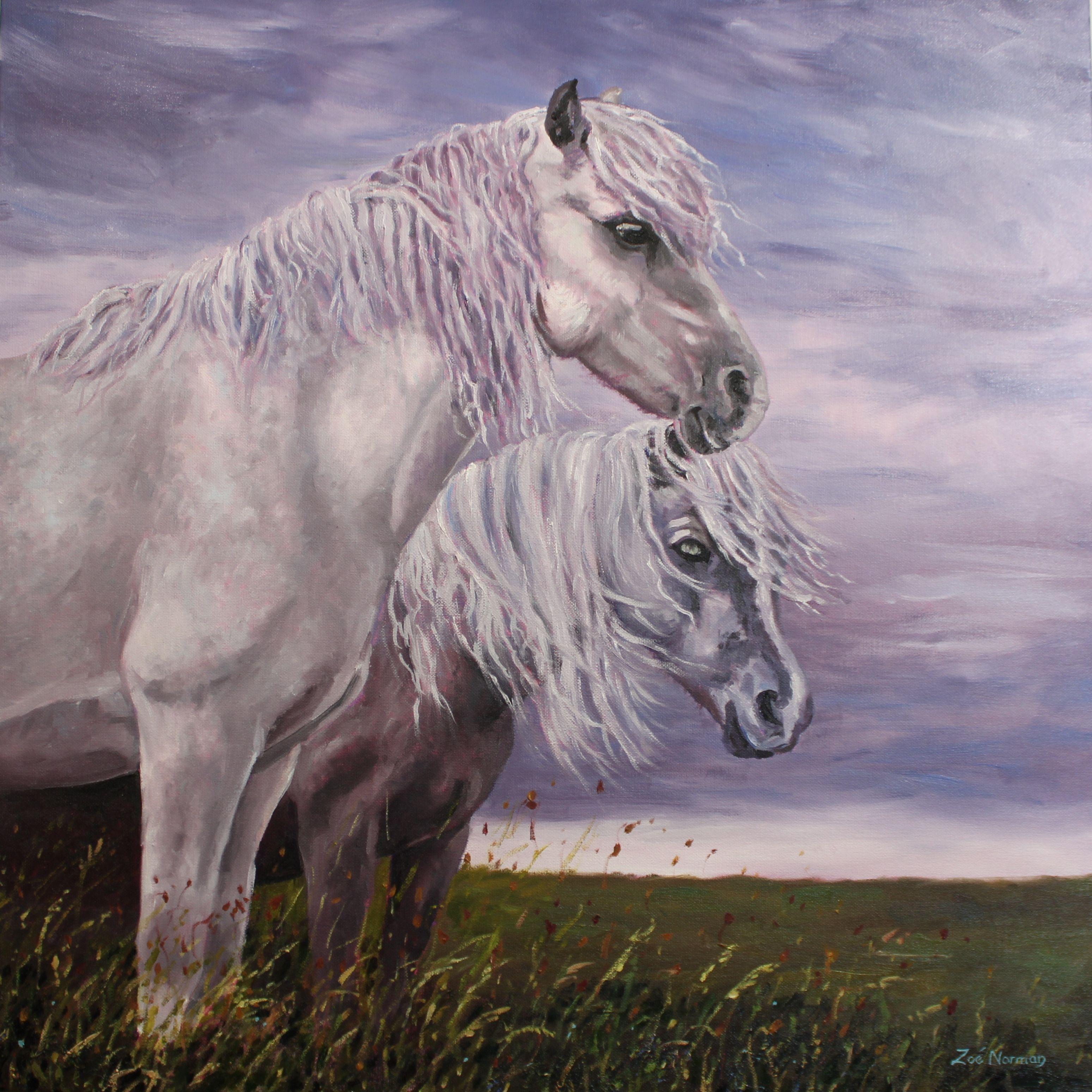 Poneys des landes, peinture, huile sur toile - Painting de Zoe Elizabeth Norman