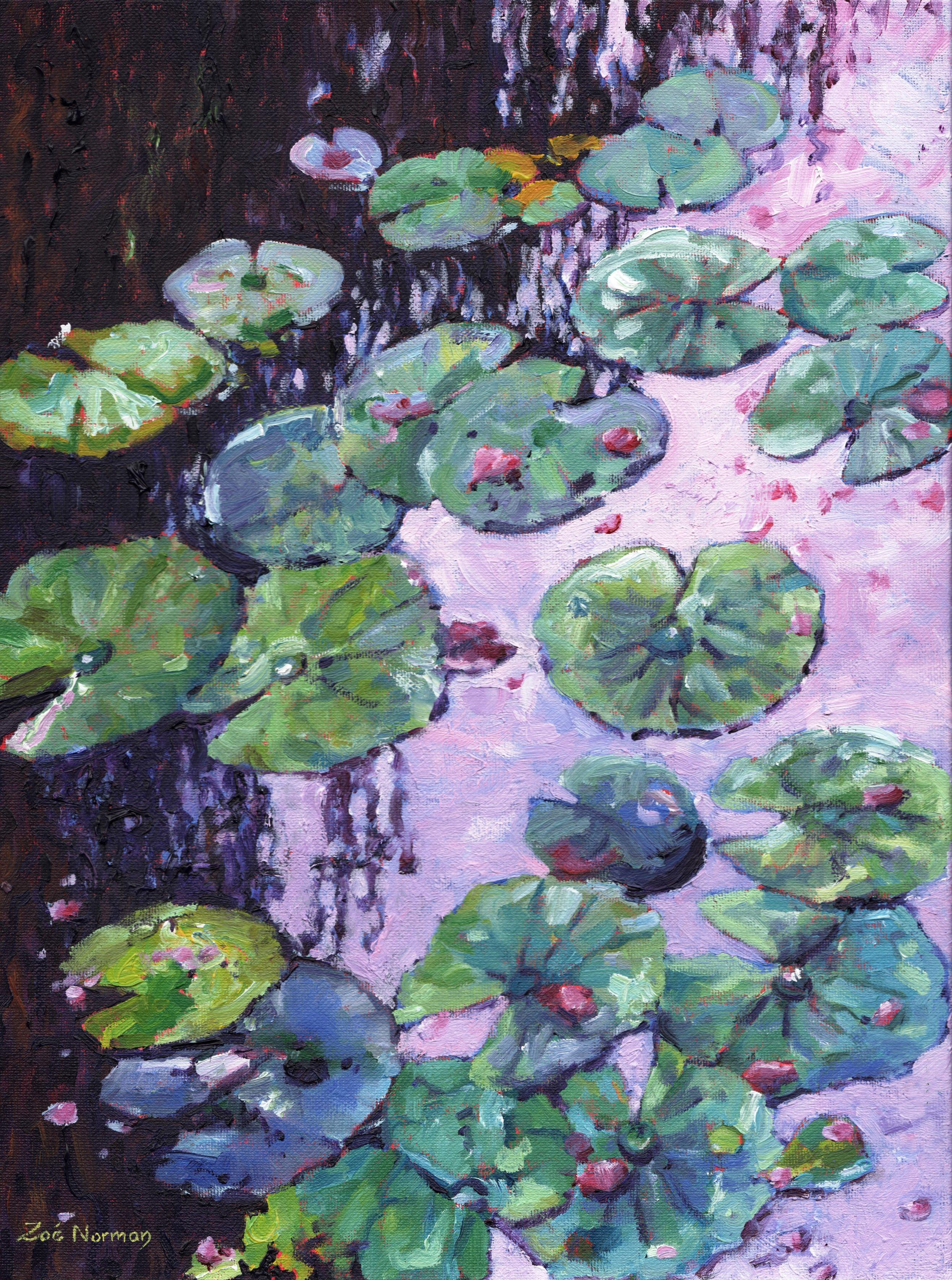 Contemporary Impressionism. A play of light, colour and texture loosely depicting water lily pads with fallen pink rose petals. Thickly applied paint and lively brush strokes. Signed on the front, varnished and accompanied by a certificate of