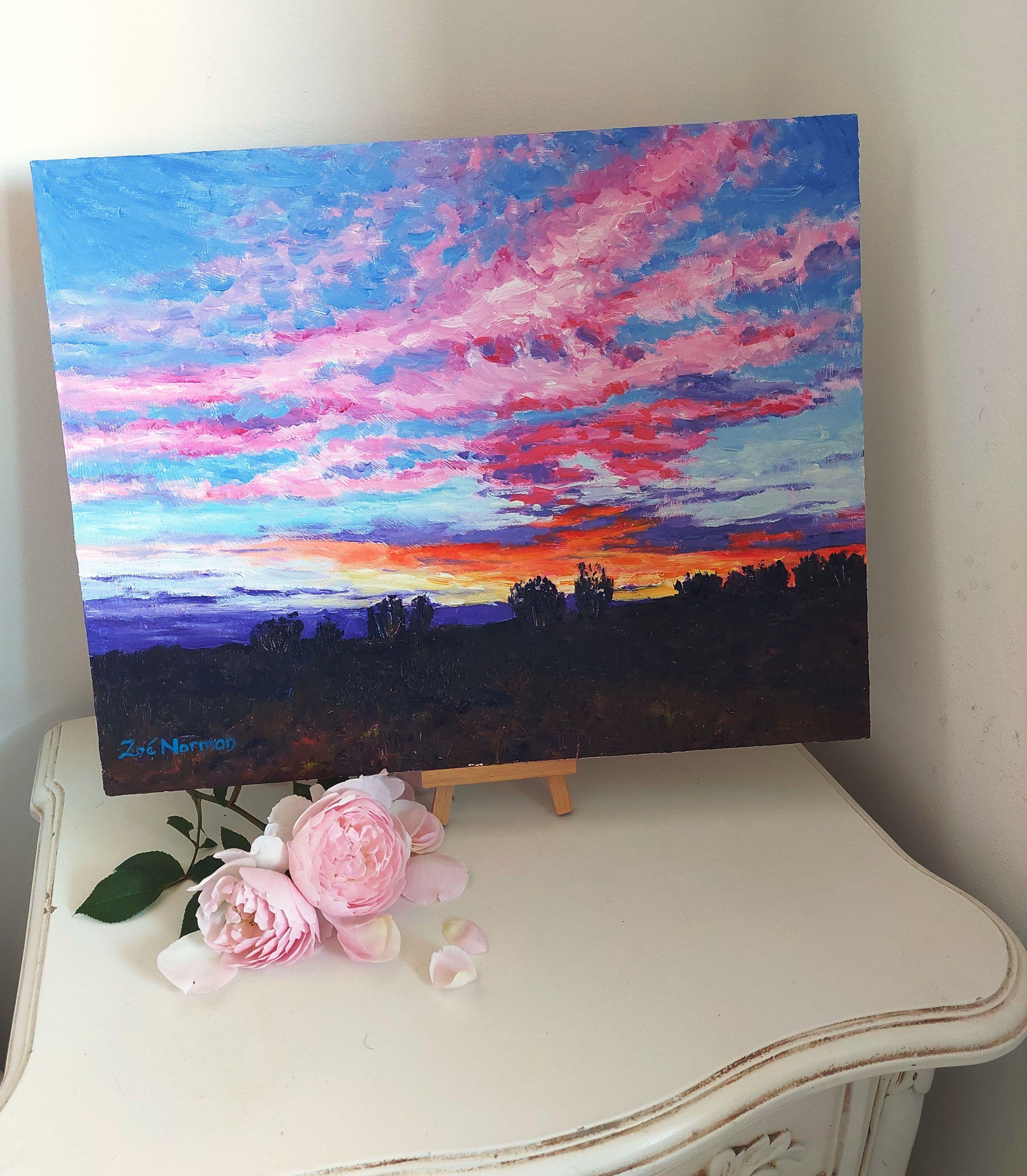 Rosa Himmel, Gemälde, Öl auf MDF-Tafel (Impressionismus), Painting, von Zoe Elizabeth Norman