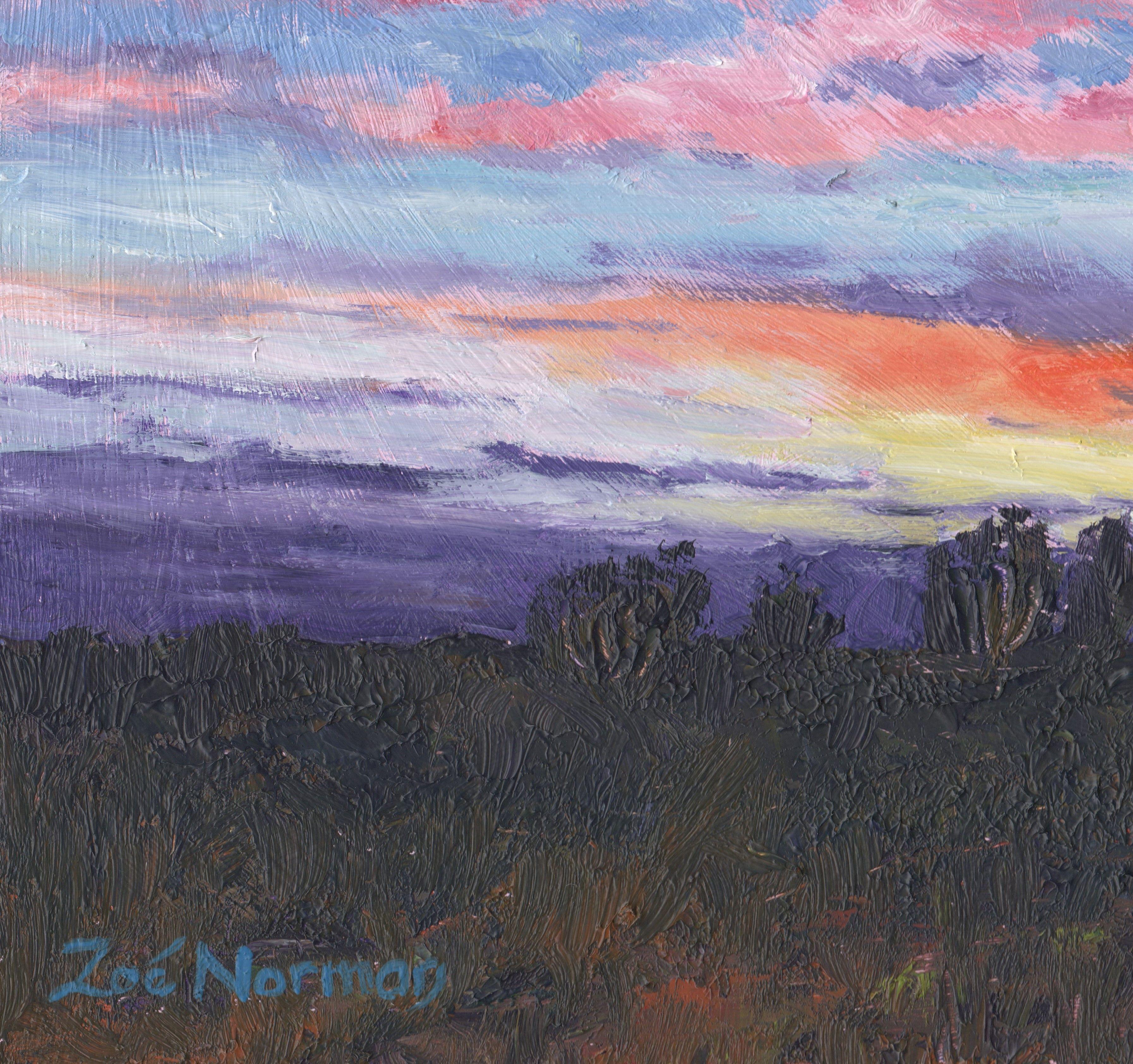 Zeitgenössischer Impressionismus.    Dieses kleine Bild wurde von einem wunderschönen Sonnenuntergang inspiriert, den ich eines Abends auf der Heimfahrt sah. Ich hielt an und fotografierte die Szene, um sie im Studio zu malen. Das Bild wurde 
