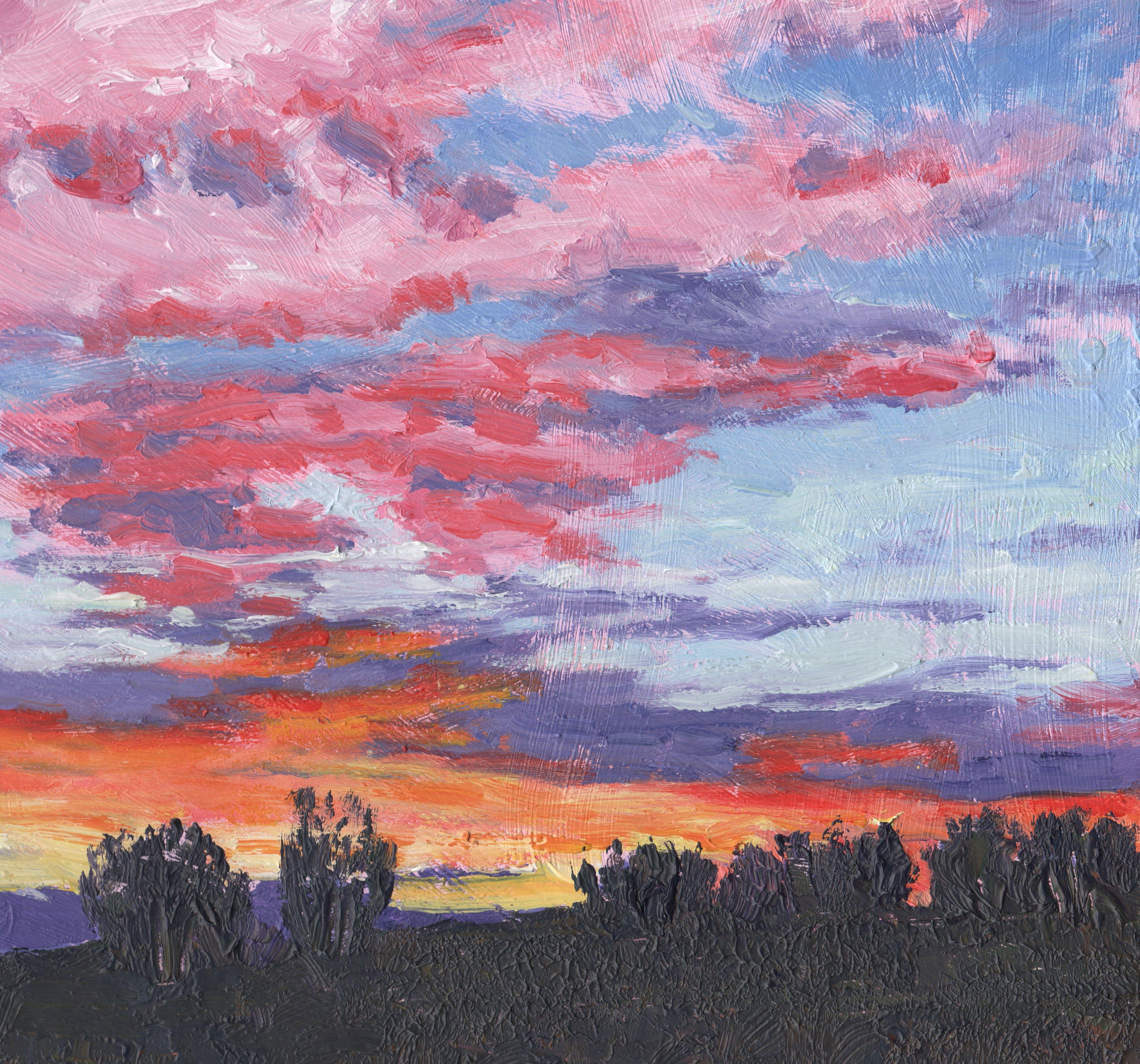 Rosa Himmel, Gemälde, Öl auf MDF-Tafel im Angebot 1