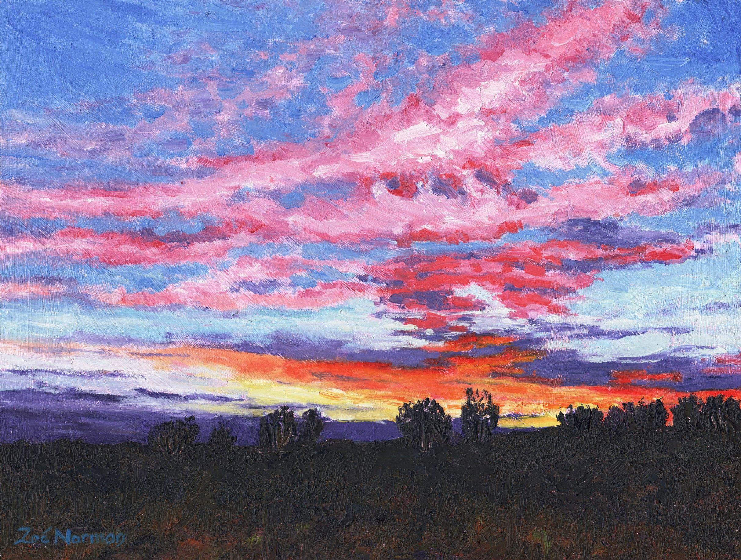 Rosa Himmel, Gemälde, Öl auf MDF-Tafel – Painting von Zoe Elizabeth Norman