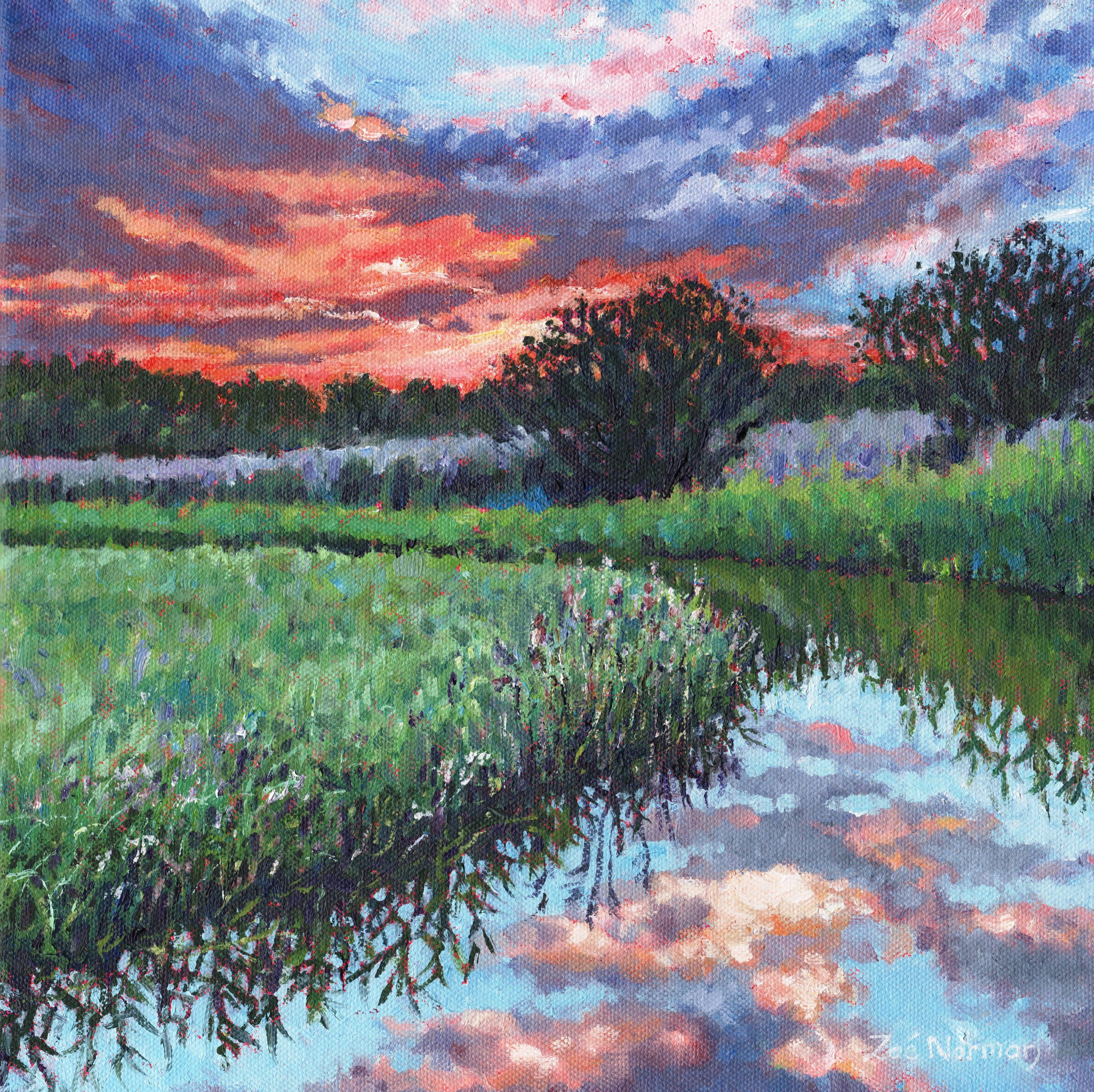 Contemporary Impressionism    An evening sunset over the Norfolk Broads. There are few places more tranquil and nostalgic than Norfolk's beautiful waterways and marshes. This little painting continues around the edges so framing is optional.    Your
