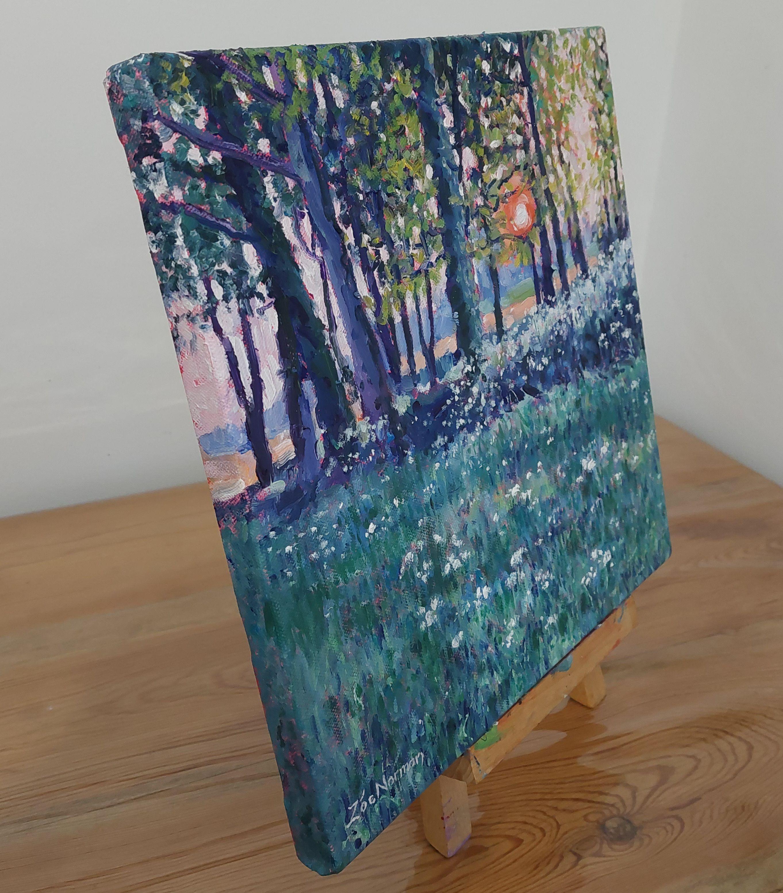 Impressionnisme contemporain Cette peinture a été inspirée par une promenade nocturne. Les jolies teintes bleu-vert et violettes du persil de vache et des herbes du premier plan évoquent si bien l'été. Le soleil s'enfonce derrière les arbres