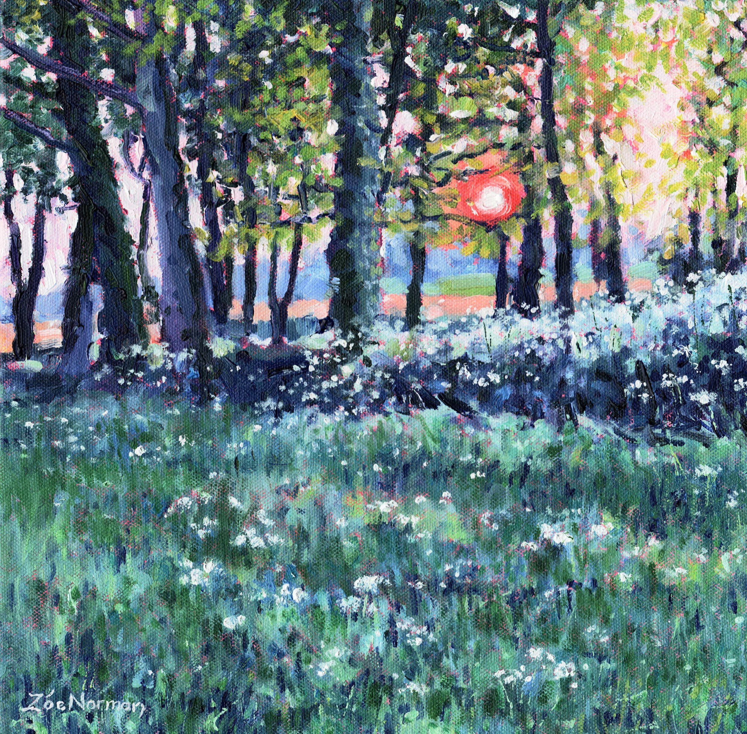 Contemporary Impressionism An evening walk inspired this painting. The lovely blue green and violet hues of the foreground cow parsley and grasses are so evocative of summer. The sun is just sinking behind the distant trees and has a red glowing