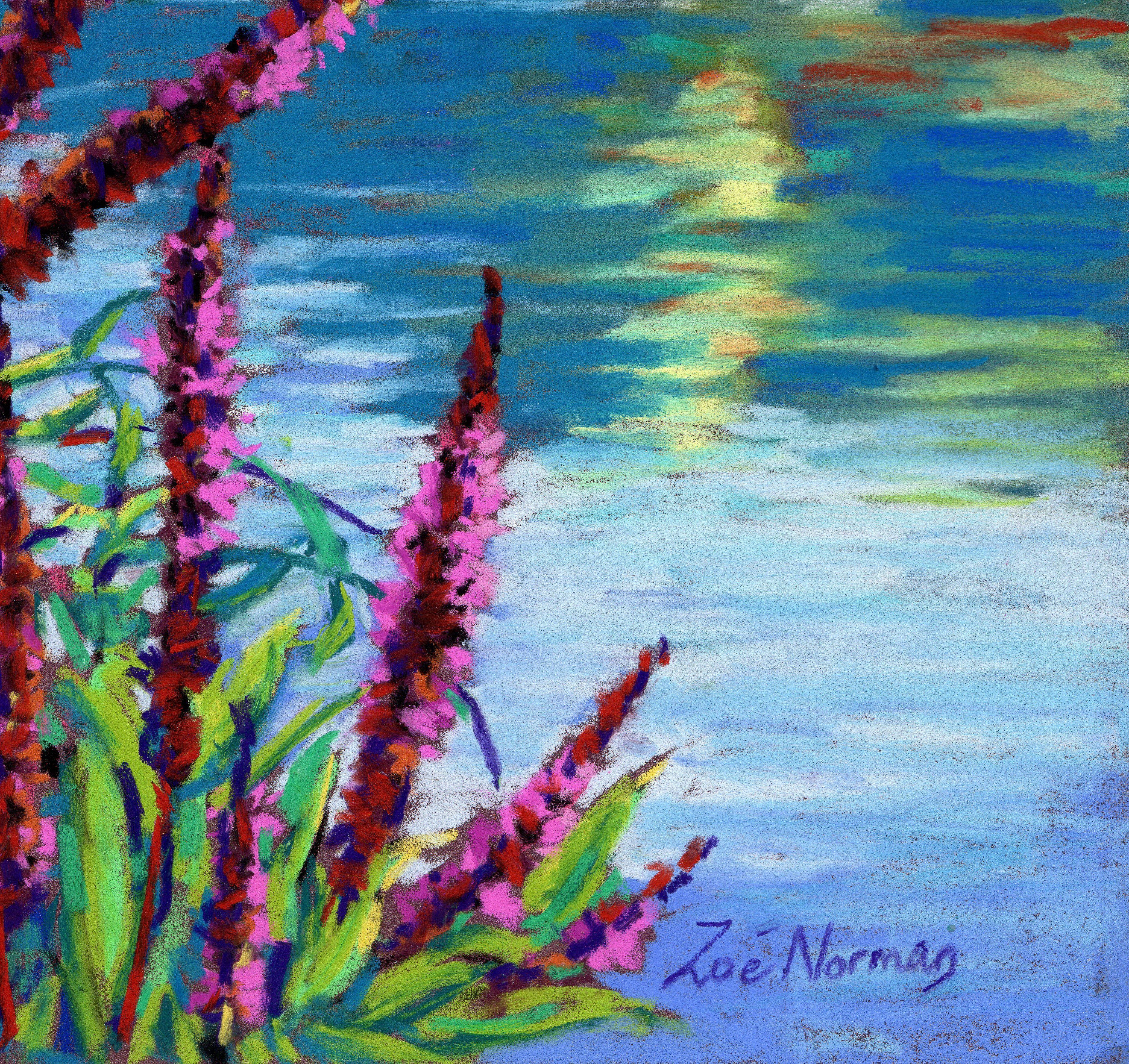 Contemporary Impressionism  Lively summer pastel painting featuring the purple flowers of the Loosestrife at the waters edge on the Norfolk Broads.  Signed on the front and accompanied by a certificate of authenticity.    Your purchase will come